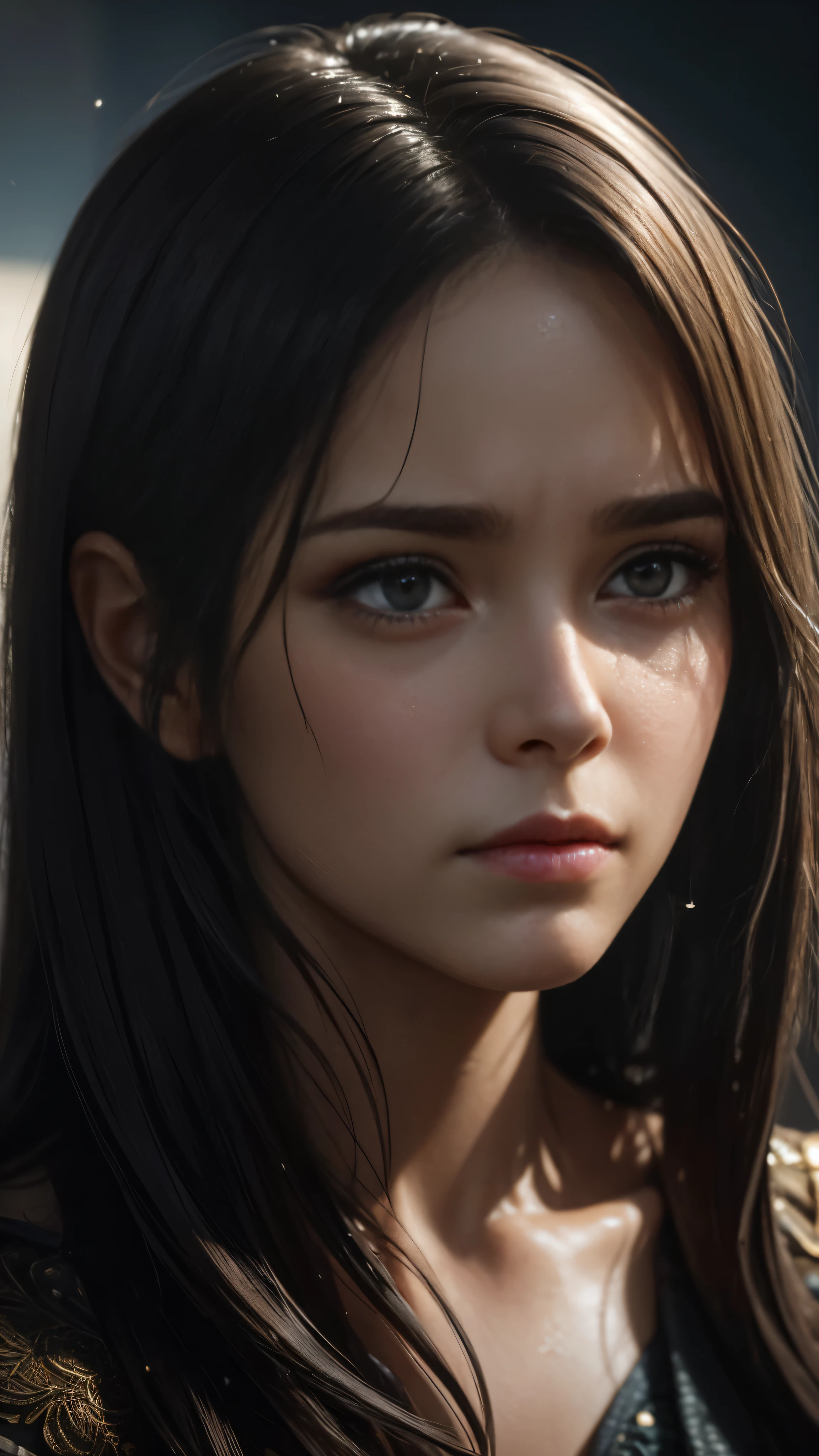 A close-up portrait showcasing the unique personality and features of an individual, 32K, highly detailled, beautiful 25 years old girl crying, sadness, one cleartear, trending on artstation, sharp focus, studio photo, intricate details, highly detailed, by greg rutkowski