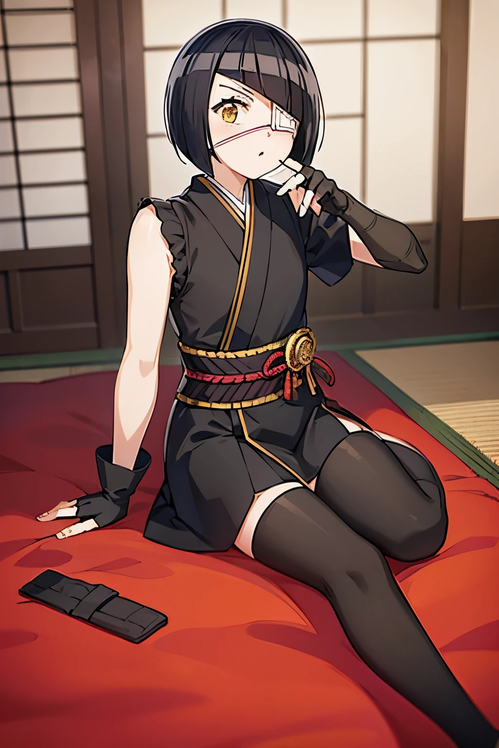 girl, nakanaka_omoharu, black hair, short hair, flat chest, golden eyes, white eye patch, japanese clothes, fingerless gloves, black socks, room, japanese room