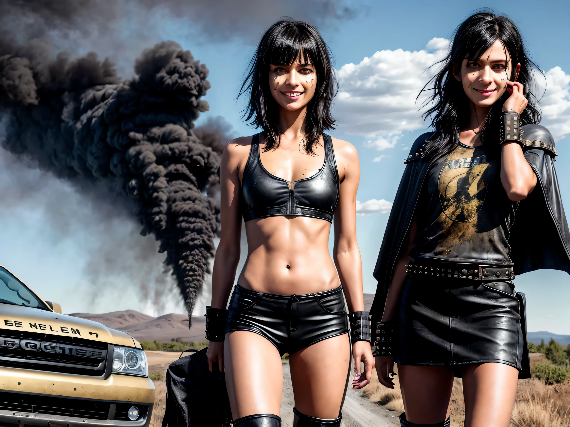 realistic photo. High, lean girl, 30 years,
black wavy hair, haircut with short side bangs, Straight nose, The lips are thin, The eyes are black, nice smile, face stained with soot, motocross goggles on forehead, looks at the camera, The chest is flat, worn leather cloak with metal studs on the legs, black boots , Cloudy, there'broken SUV in the background, Highland post-apocalypse