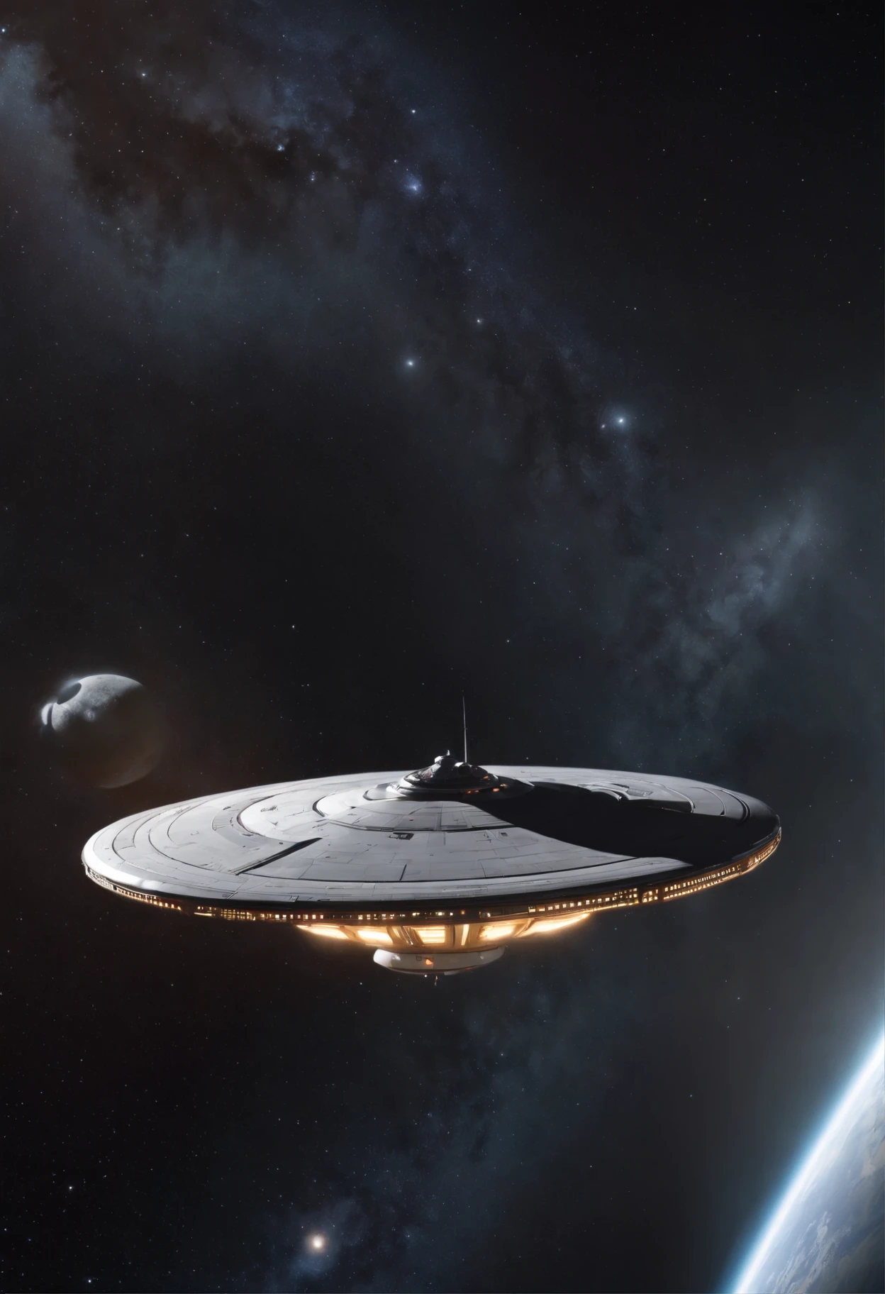 The USS Enterprise NCC-1701-D,starship,ship,spacecraft,futuristic technology,galaxy,class starship,advanced propulsion systems,interstellar exploration [exploration:1.1],cutting-edge design,futuristic shape,command center,bridge,elegant curves,sleek lines,smooth surface,glowing lights,impressive size,breathtaking view,interior details,dense paneling,starship corridors,holographic displays,advanced technologies,holodeck,transporter room [transporter:1.1],replicators [replicator:1.1],shuttlebay,large windows,spectacular views,stellar cartography,turbolifts,engine room,engineering bay,phaser banks,photon torpedoes,battle-ready capabilities,shield generators [shields:1.1],deflector dish,warp drive [warp:1.1],hyperdrive [hyper:1.1],warp core,energy source,powerful engines,stellar navigation,intergalactic missions,space exploration,deep space,unknown regions,alien encounters,diplomatic missions,human exploration,interstellar diplomacy,galactic relations,peaceful exploration,federation emblem,federation flag,captain's chair [captain:1.1],commanding officer,bridge crew,uniformed personnel,Starfleet officers,Starfleet insignia,communicators [communicator:1.1],tricorders,personal devices,starship operations,space adventures,exploring the cosmos,seeking new life,discovering new civilizations,boldly going where no one has gone before,adventure,science fiction,space odyssey,awe-inspiring journey,extraordinary sights,limitless possibilities,innovation,ambition,unity,determination,ethical principles,ethical dilemmas,starship Enterprise,galactic symbol,unparalleled achievement,stellar marvel,masterpiece:1.2,ultra-detailed,realistic:1.37,vivid colors,dynamic lighting,high quality,artistic interpretation.