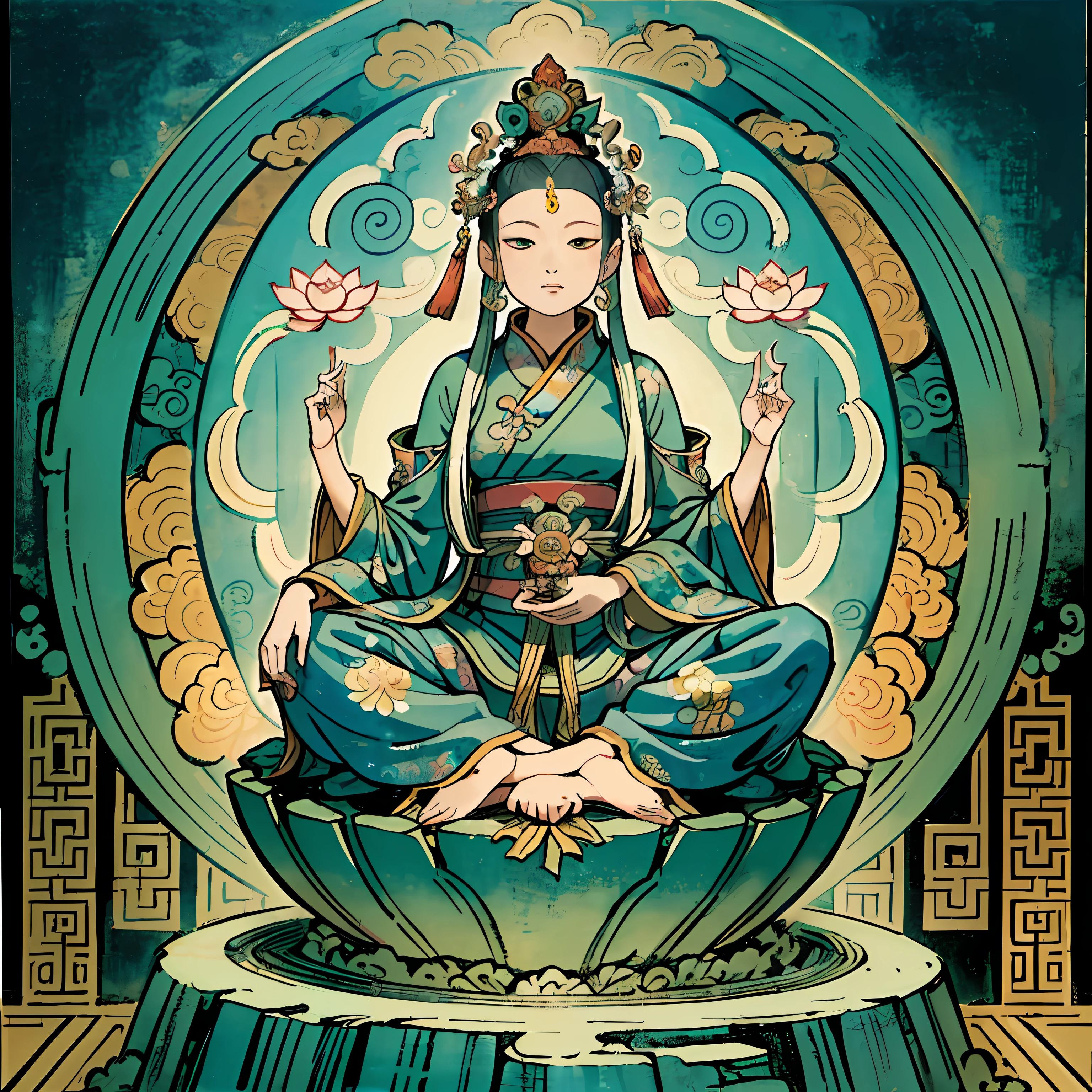 Mulher sentada em um lotus,guanyin dos mares do sul,guanyin,contented female bodisatva,escultura de jade,bodisatva,rainha do mar mu yanling,sereno,serene expression,Shui Mo Hua,Buda,budista,lotus,Estilo de pintura chinesa,Estilo Thangka