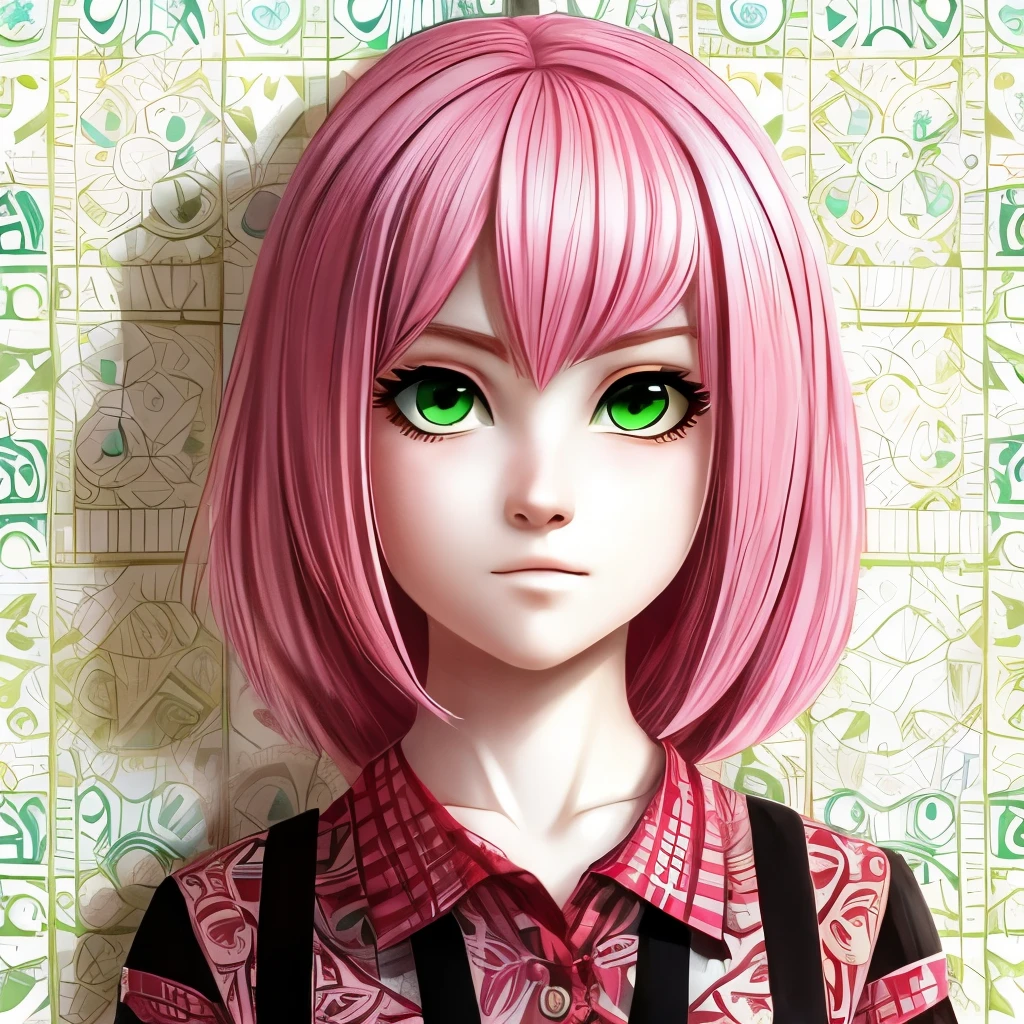 Girl, pink hair, green eyes, sharp features, white skin, skirt and shirt, patterned background