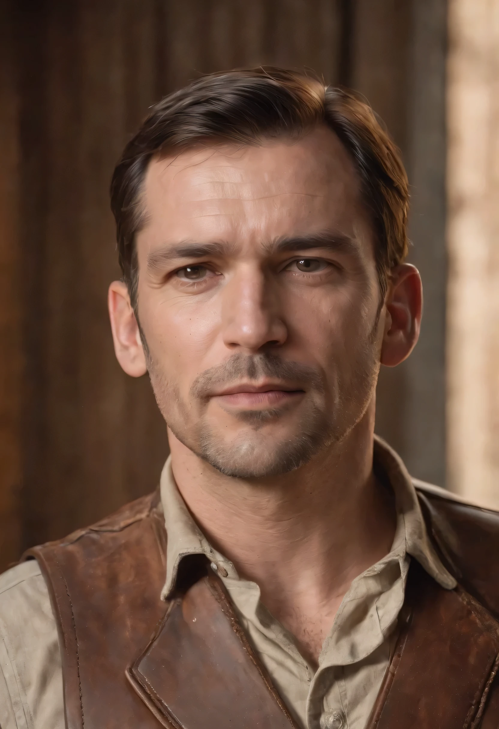 (best quality,highres:1.2),ultra-detailed,realistic,portrait,40-year-old man,dark brown eyes,grizzled short hair,white skin,sheriff uniform,serious expression,detailed facial features,wrinkles around the eyes,badge on the chest,brown leather belt with a holster and gun,background with a western town,old wooden buildings,sunlight casting warm shadows,authentic indoor lighting,neutral color scheme,gritty atmosphere,historical significance