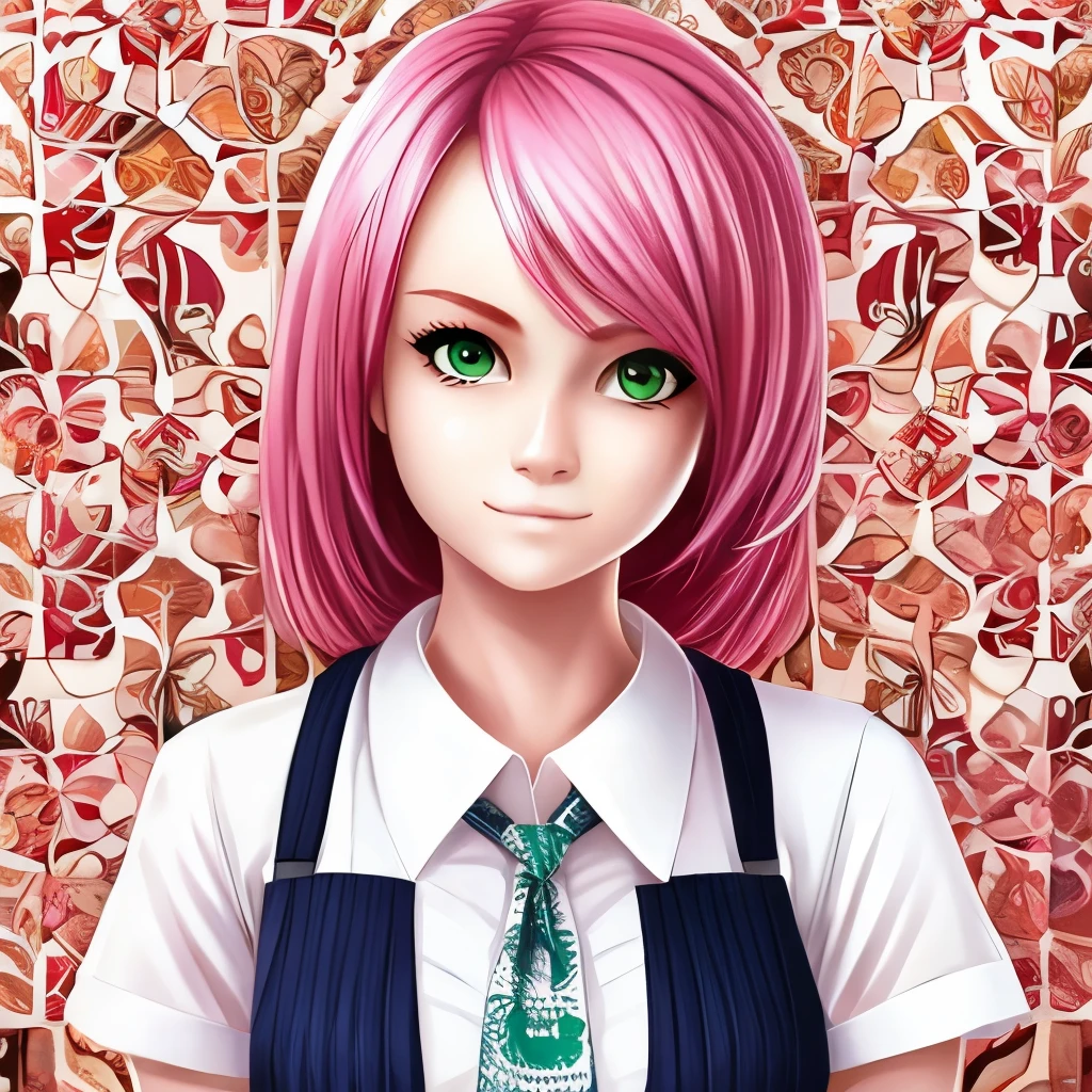 Girl, pink hair, green eyes, sharp features, white skin, skirt and shirt, patterned background