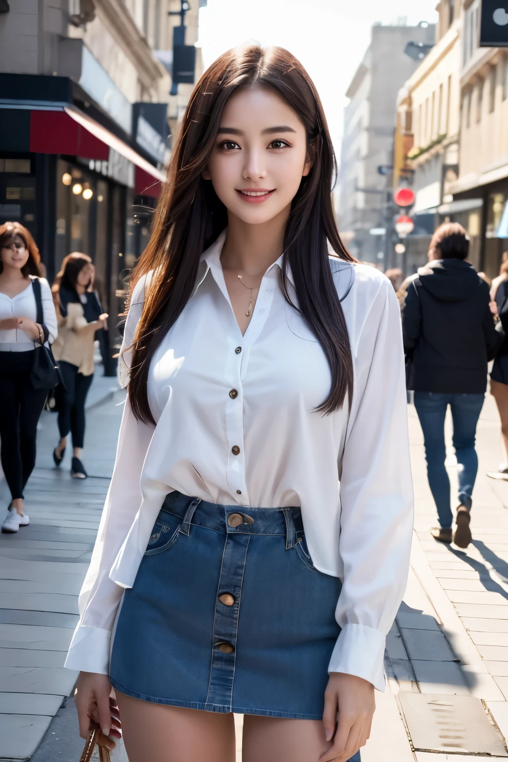 top-quality, ​masterpiece, 8K, 超A high resolution, (Photorealsitic:1.4), 1girl in、Beautiful expression、symmetrical eye、Colossal 、Perfect body proportion、OL Costume、Unbutton the chest、a miniskirt、A smile、Look at viewers、(the city street:1.2)、long legged(1.3)、