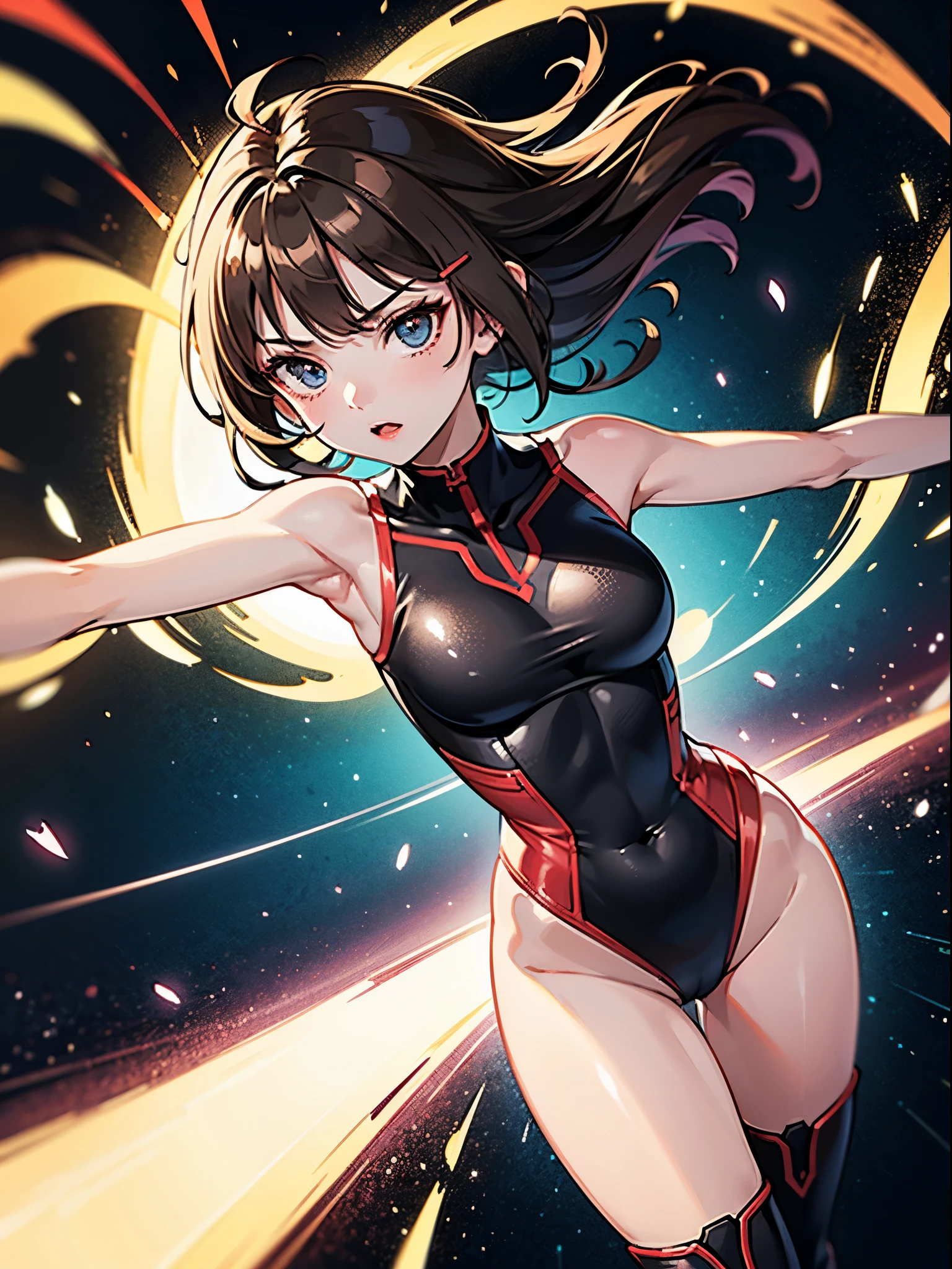 masterpiece, best quality, 1girl, superhero, two-tone leotard, bare legs, knee boots, matching boots, heroic, standing, body infused with energy, light particles, solo, single, cowboy shot, perfect anatomy, brown hair, beautiful detailed eyes, spread arms, spinning, spins fast in place like a tornado, twirl, tornado spinning, rapid gyration, space backdrop, motion blur, speed lines