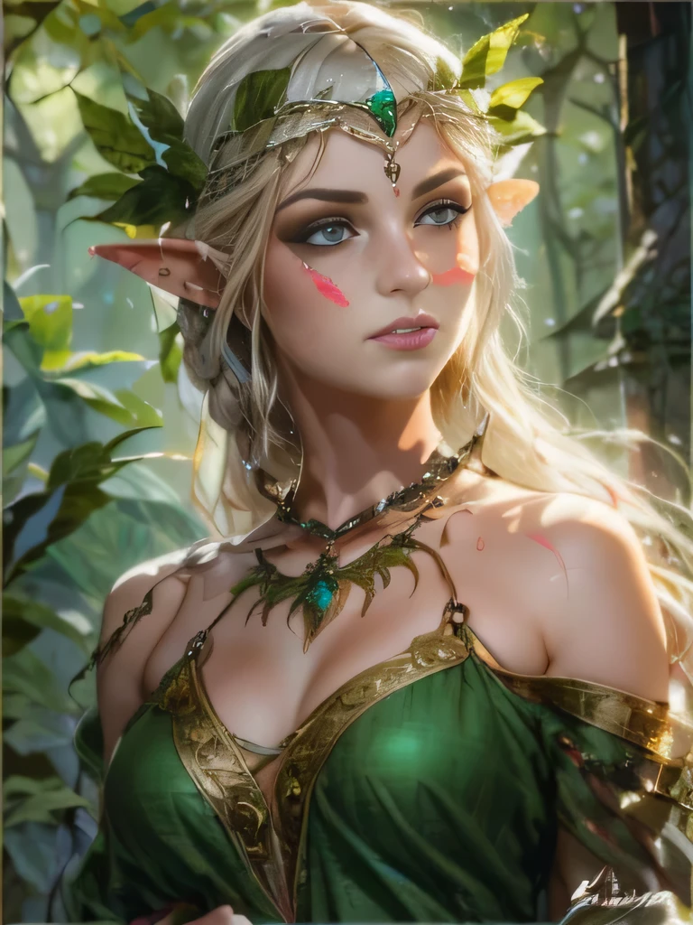 uma mulher com um vestido verde e uma coroa de folhas, portrait of an rainha elfa, beautiful and elegant rainha elfa, linda e elegante elfa, elven princess, beautiful elven princess, summer forest fairy queen, blonde elven empress, deusa da natureza, princesa elfa, side portrait of elven royalty, elven character with smile, rainha elfa