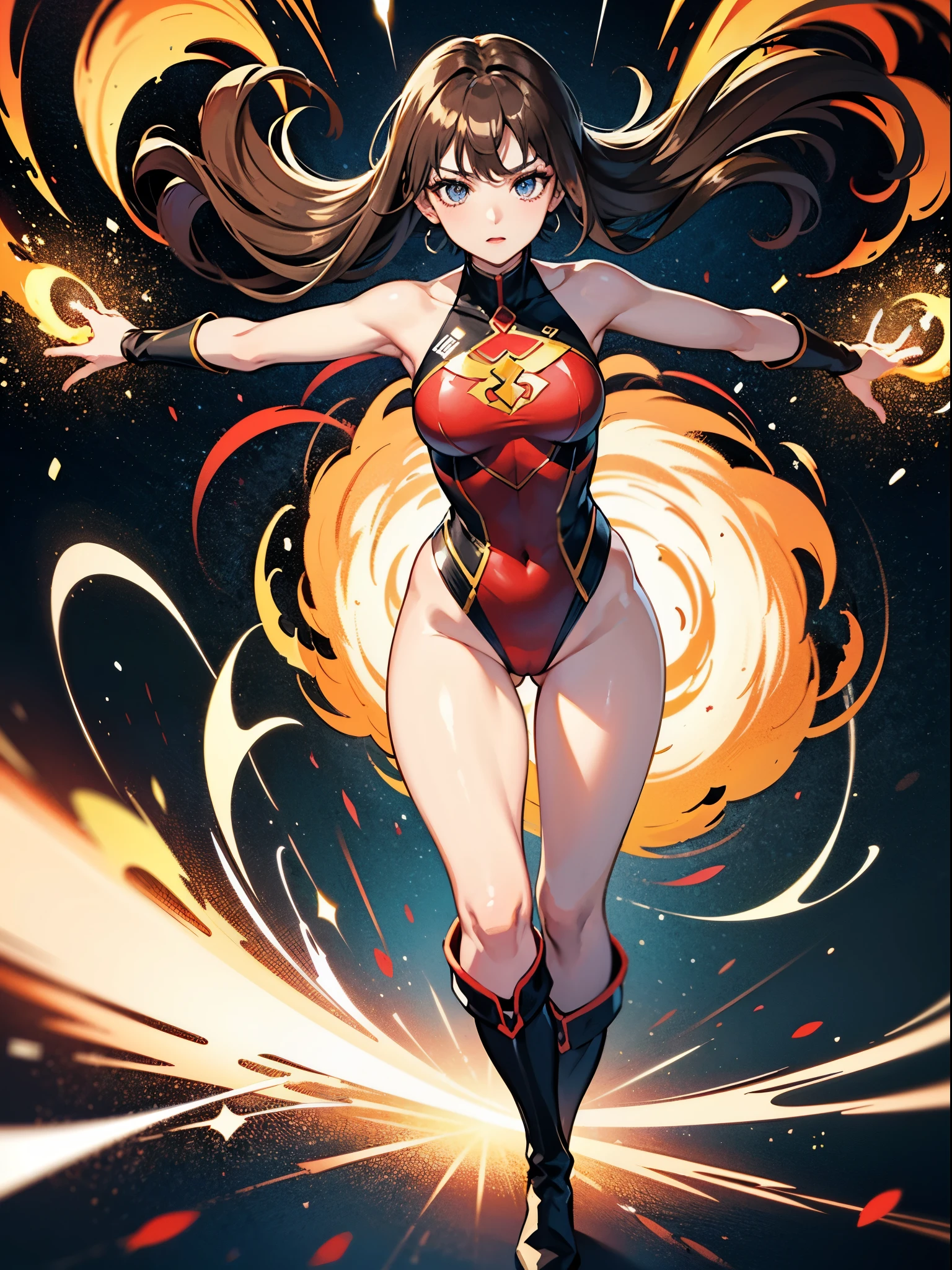 masterpiece, best quality, 1girl, superhero, two-tone leotard, bare legs, knee boots, matching boots, heroic, standing, body infused with energy, light particles, solo, single, cowboy shot, perfect anatomy, brown hair, beautiful detailed eyes, spread arms, spinning, spins fast in place like a tornado, twirling in place, tornado spinning, rapid gyration, space backdrop, motion blur, speed lines