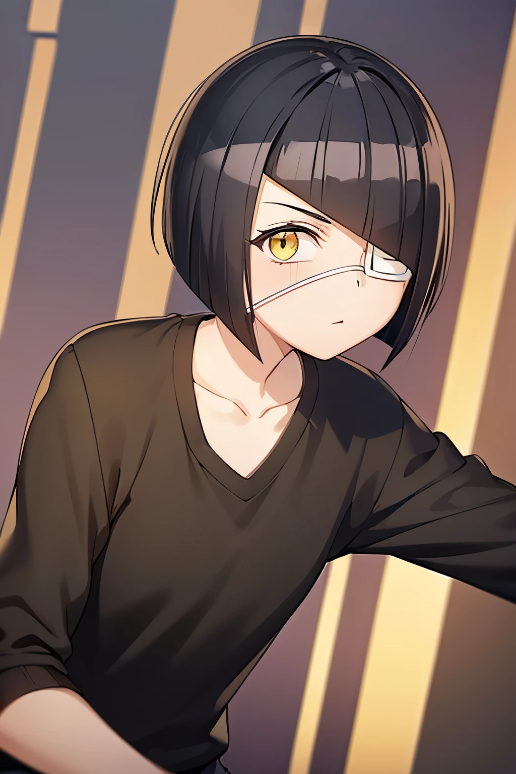 girl, nakanaka_omoharu, black hair, short hair, flat chest, golden eyes, white eye patch, casual outfit, white shirt, black skirt, short skirt, fingerless gloves, black socks