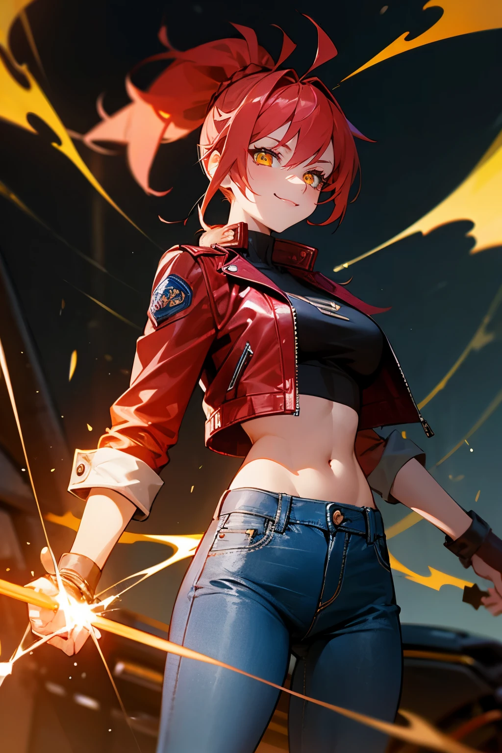 1woman, red ponytail, yellow eyes, big chest, electric spark, self-confident smile, leather jacket, blue jeans,