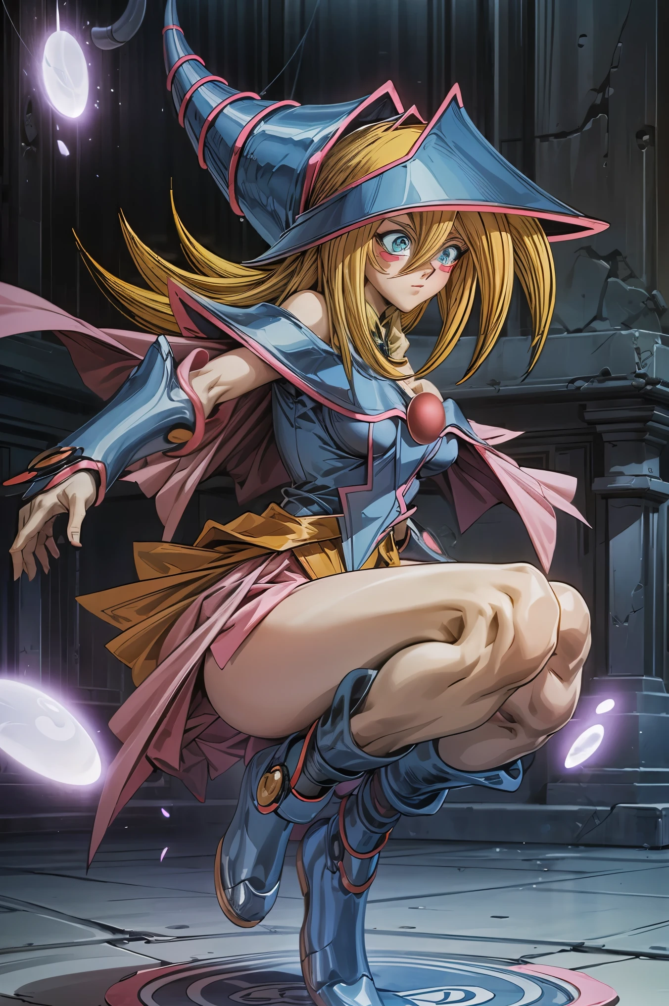 Dark magician gils. Cabello rubio y largo. Ojos azules. Labios rojos. Levitating above a circle of magic. Energy heart in the air. Pose de piernas levantadas. Pose sensual y inocente. Efectos de hechizos en las manos. 