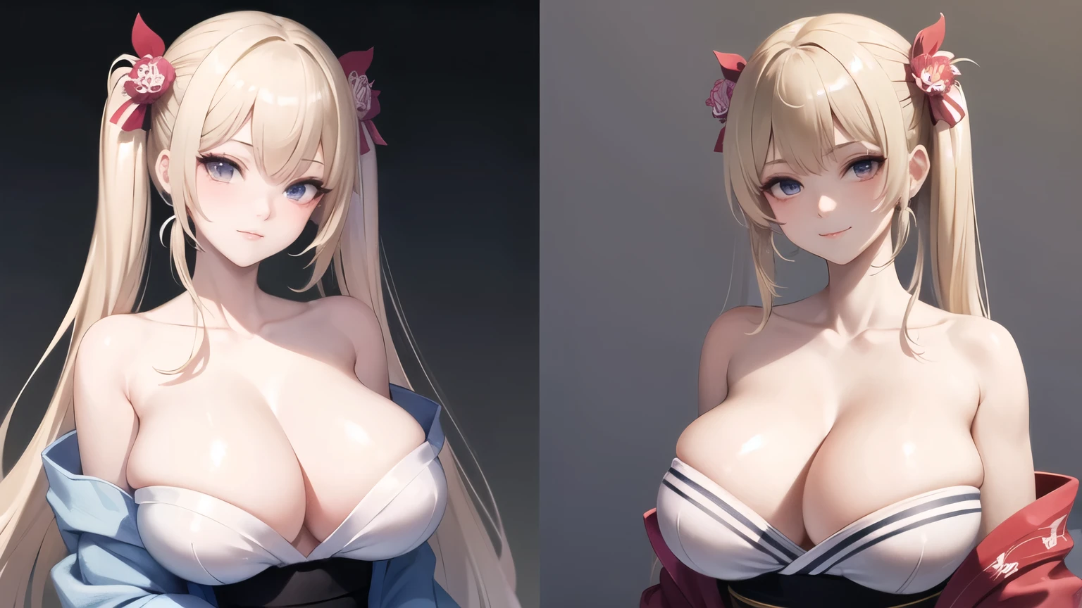 (((masterpiece, best quality))), (((superior quality))), cute girl, ((extremely detailed girl)), ((huge breasts)), (yukata), (bare shoulders), strapless top, slight smile, twin tail blonde
