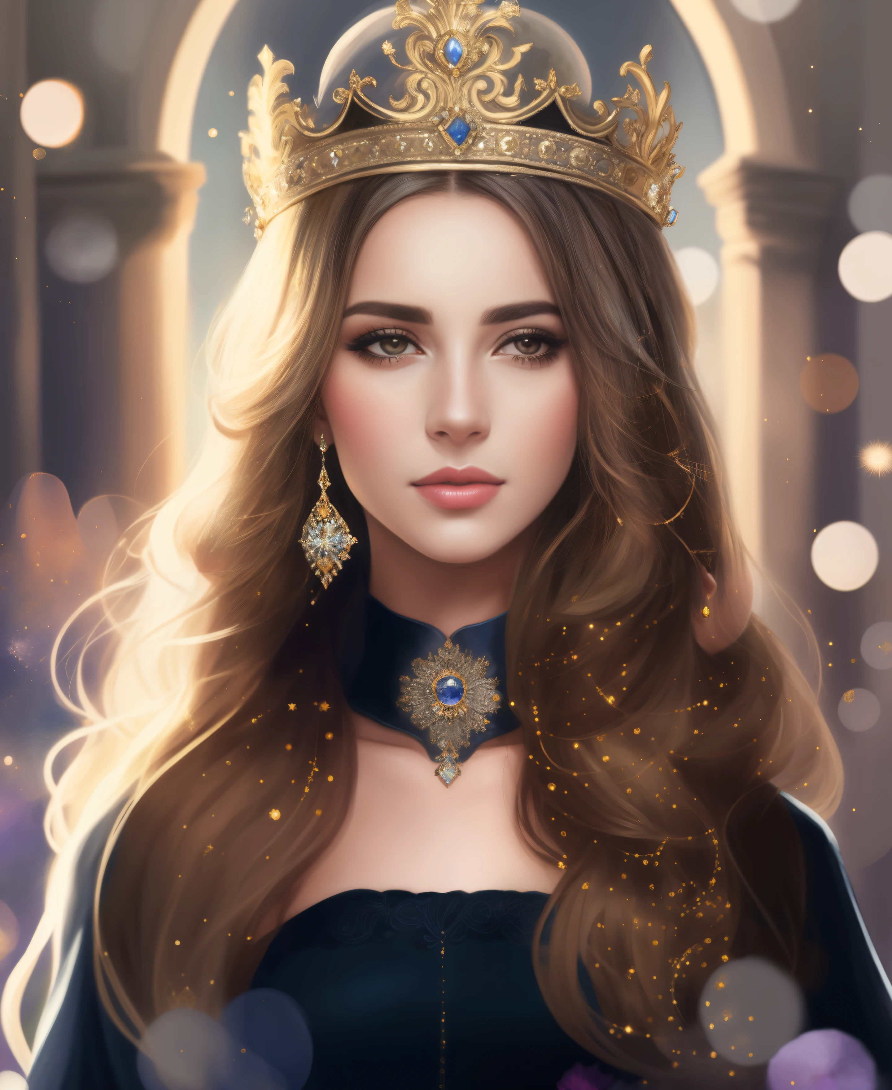 A woman with a crown and an AIT on her head, retrato da princesa, retrato bonito da fantasia, retrato da fantasia, retrato bonito da arte da fantasia, retrato da arte da fantasia, Pintura do retrato de uma princesa, retrato de fantasia fosco detalhado, uma bela imperatriz fantasia, Retrato da Rainha da Luz, Retrato da Rainha dos Sonhos, arte do retrato da fantasia, rainha bonita, stunning digital illustration, retrato de fantasia digital