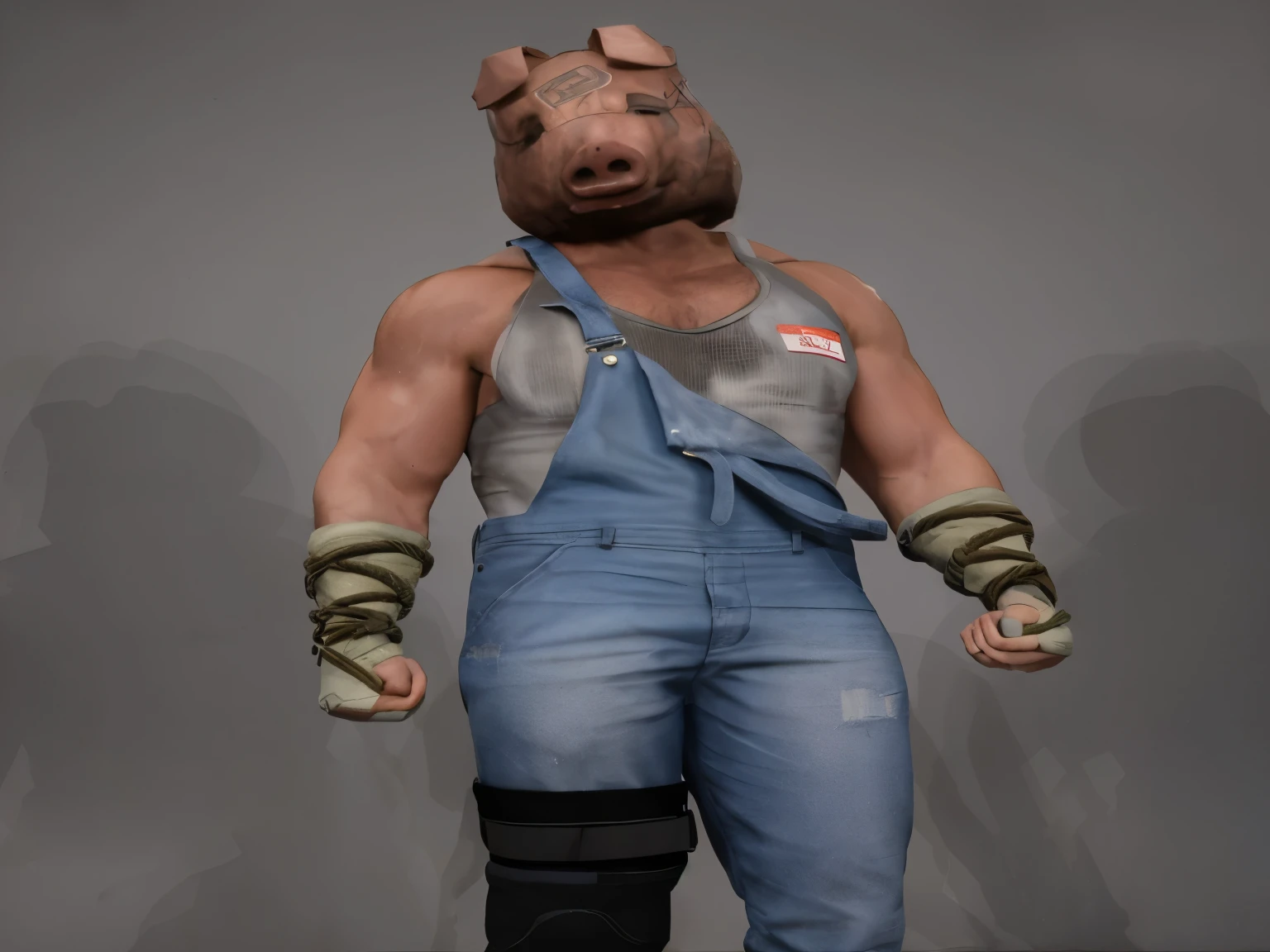 ((masterpiece, best quality)),there is a 3d image of a white man with a dirty pig mask with"100%, pure" burned into forehead, dirty white wrist tape with ropes tied around forearms, wearing dirty worn overalls and a black knee brace, dirty muscular body, robust stocky body, pig, rendered in sfm, mechanic punk outfit, photo realistic, intricate details
