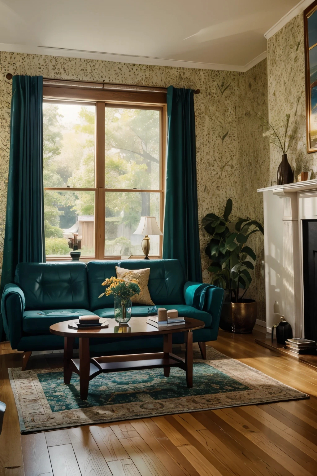 Editorial photography of a contemporary living room with colorful patterned wallpaper, with a sofa upholstered with rich teal velvety soft fabric, brass lamps with Edison bulbs, a traditional wood coffee table, comfortable leather chairs, light wood flooring, elegant area rug, large windows with trees in the background, during the golden hour, quiet and peaceful atmosphere, clicked using Leica M10-R camera with polarizing lens filter, aperture f/2.8, shutter speed 1/100s, deep focus, rim lighting, composed using low angle