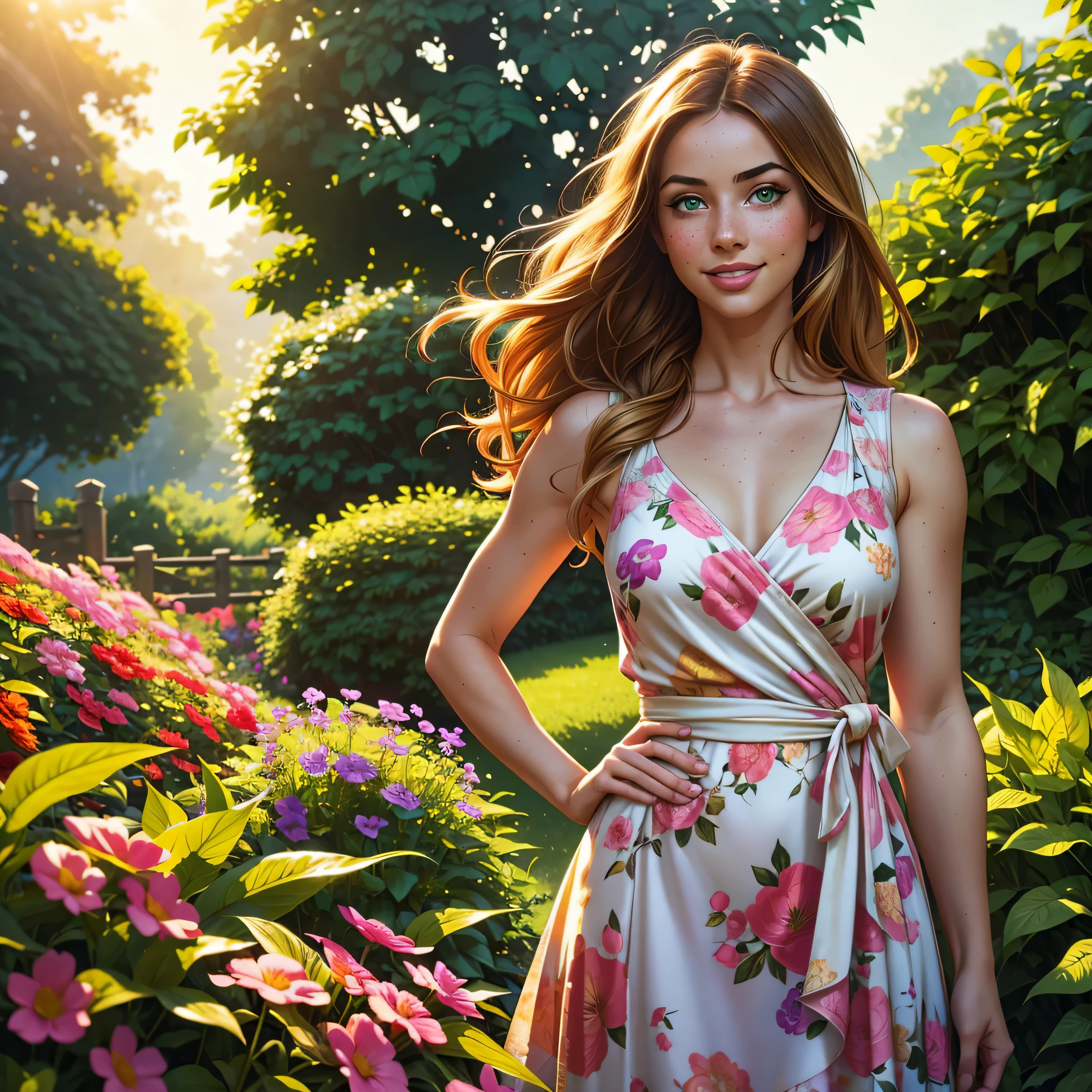 (high quality,realistic),girl,wrapped with a net,detailed eyes,detailed lips,long hair,freckles,smiling,hand on hip,standing in a garden,green plants in the background,sunlight shining through the leaves,soft colors,default color palette,lush greenery,blurred bokeh effect,natural light,soft shadows,healthy skin,golden hour lighting,summer atmosphere,floral dress,vibrant and joyful,light breeze