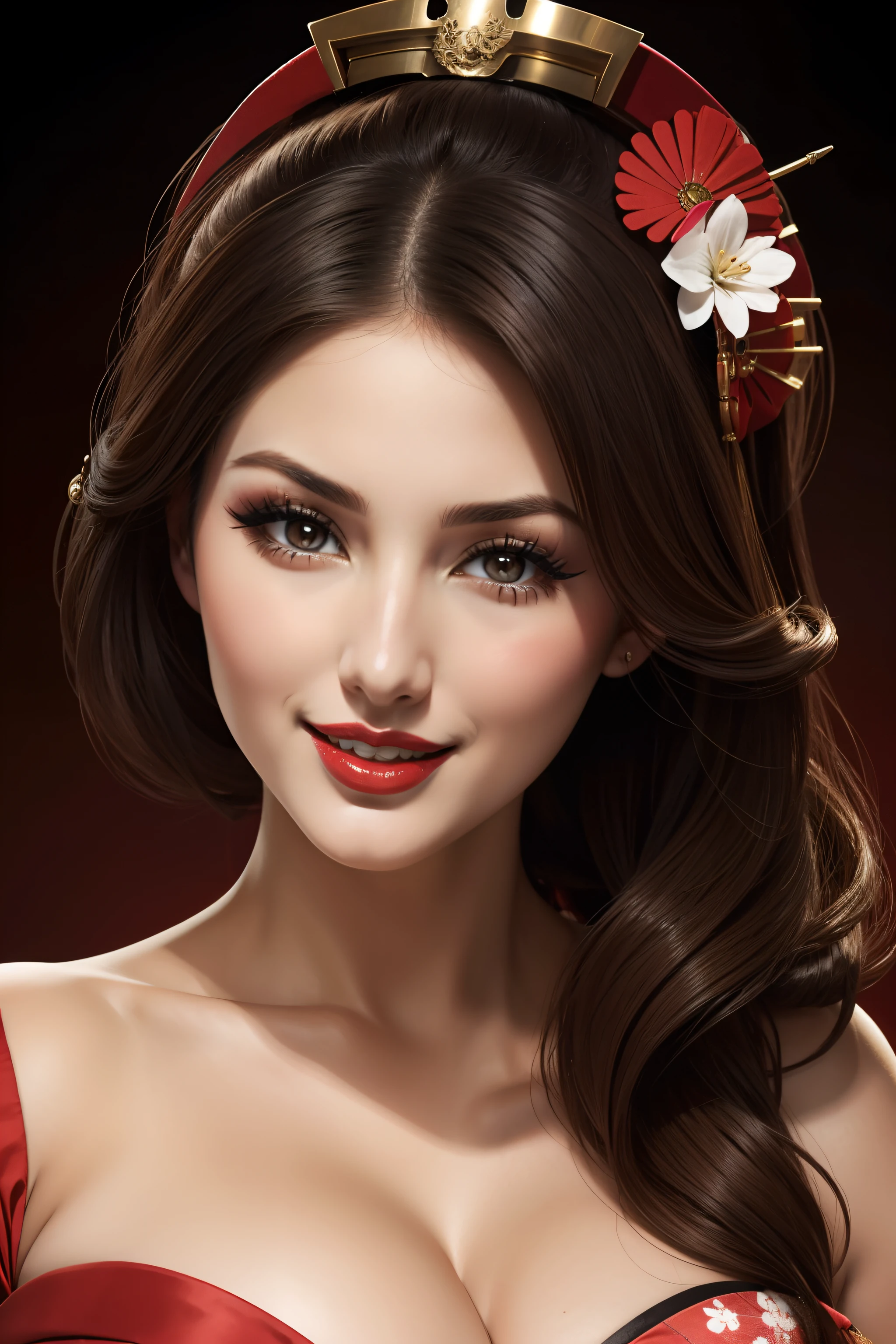 lucy pinder, face portrait, smiling, cleavage, red lipstick, geisha, geisha makeup