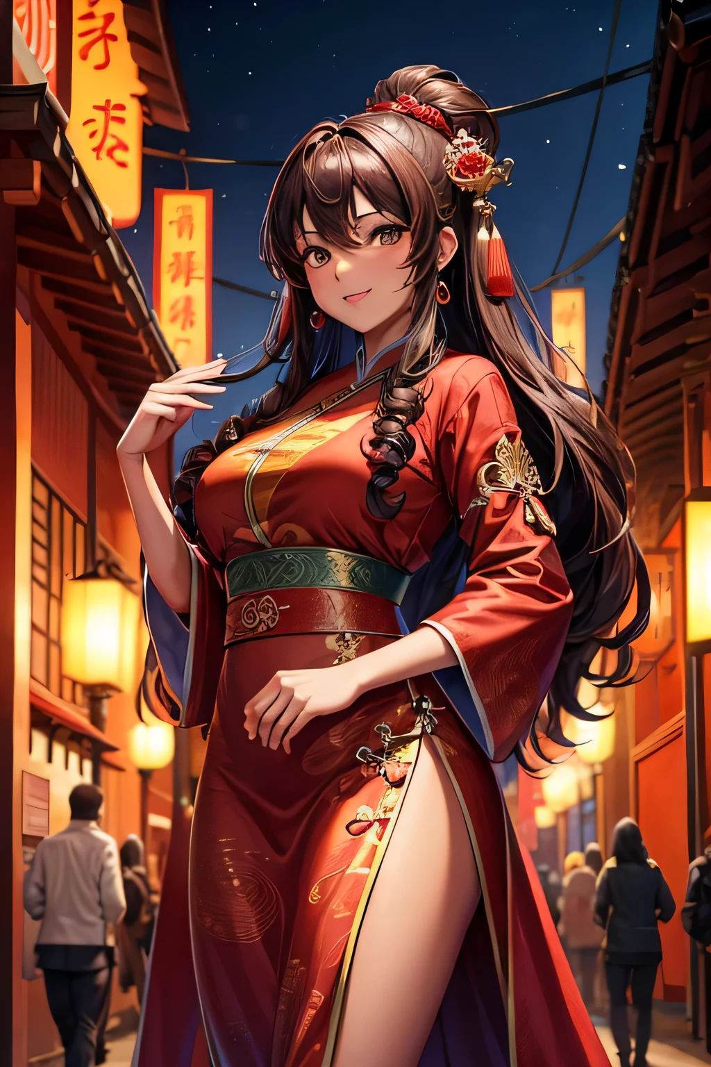 (highres, detailed) A beautiful brown skinned woman, long curly hair, wearing red robes, ancient chinese style, in a street, lanterns around her, nighttime, closeup
