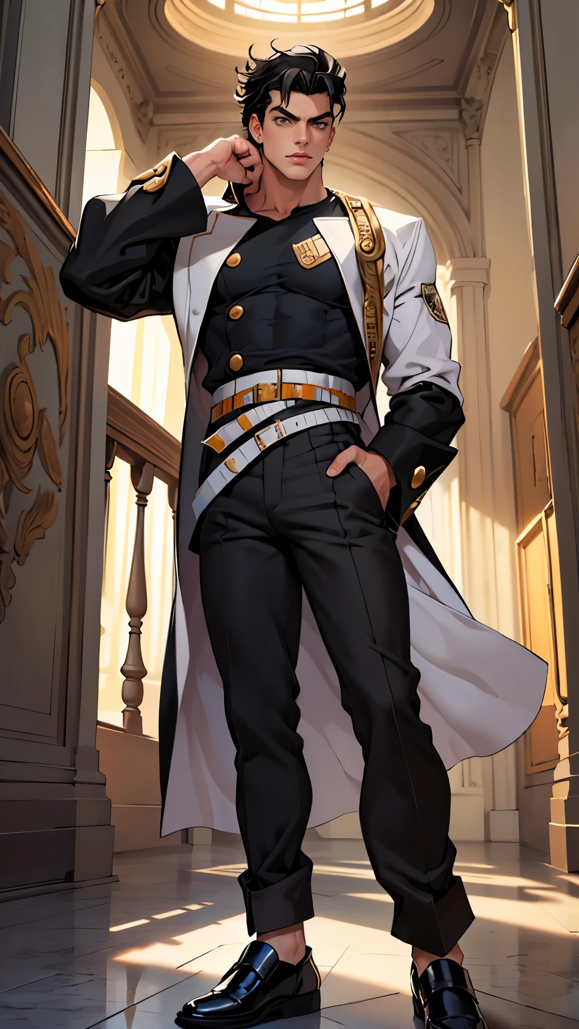 (Masterpiece, high quality, absurd work of art, Best quality, A high resolution, ultra detailed), detailed face, 1 man, Jotaro Kujo, Black hair, tial eyes, male body, male focus, white blouse, black pants, shoes, Luxurious hall, Castle, military ball, full body, kujo jotaro,