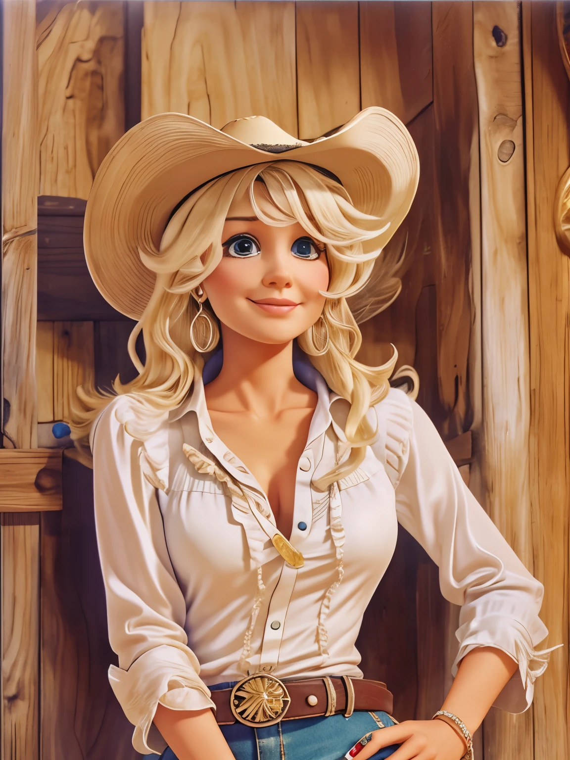 Dolly Parton short of white dress, cowboy hat,style of Albert Benois