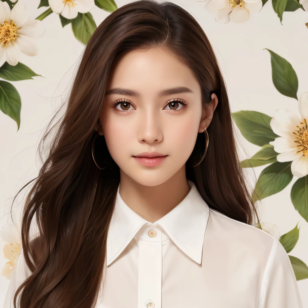 Girl, long soft brown hair, brown eyes, sharp features, white skin, long shirt and skirt style, floral background