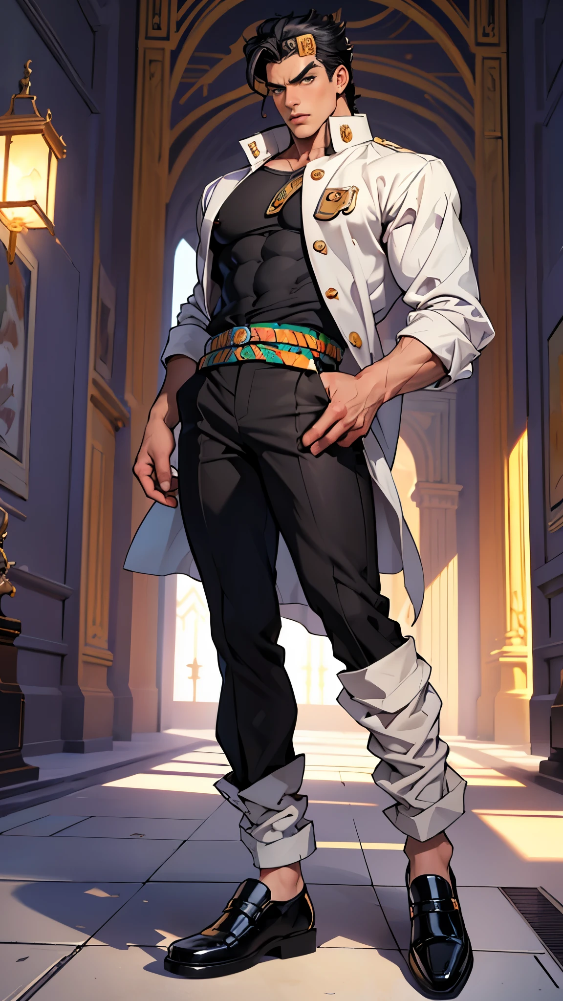 (Masterpiece, high quality, absurd work of art, Best quality, A high resolution, ultra detailed), detailed face, 1 man, Jotaro Kujo, Black hair, tial eyes, male body, male focus, white blouse, black pants, shoes, Luxurious hall, Castle, military ball, full body, kujo jotaro,