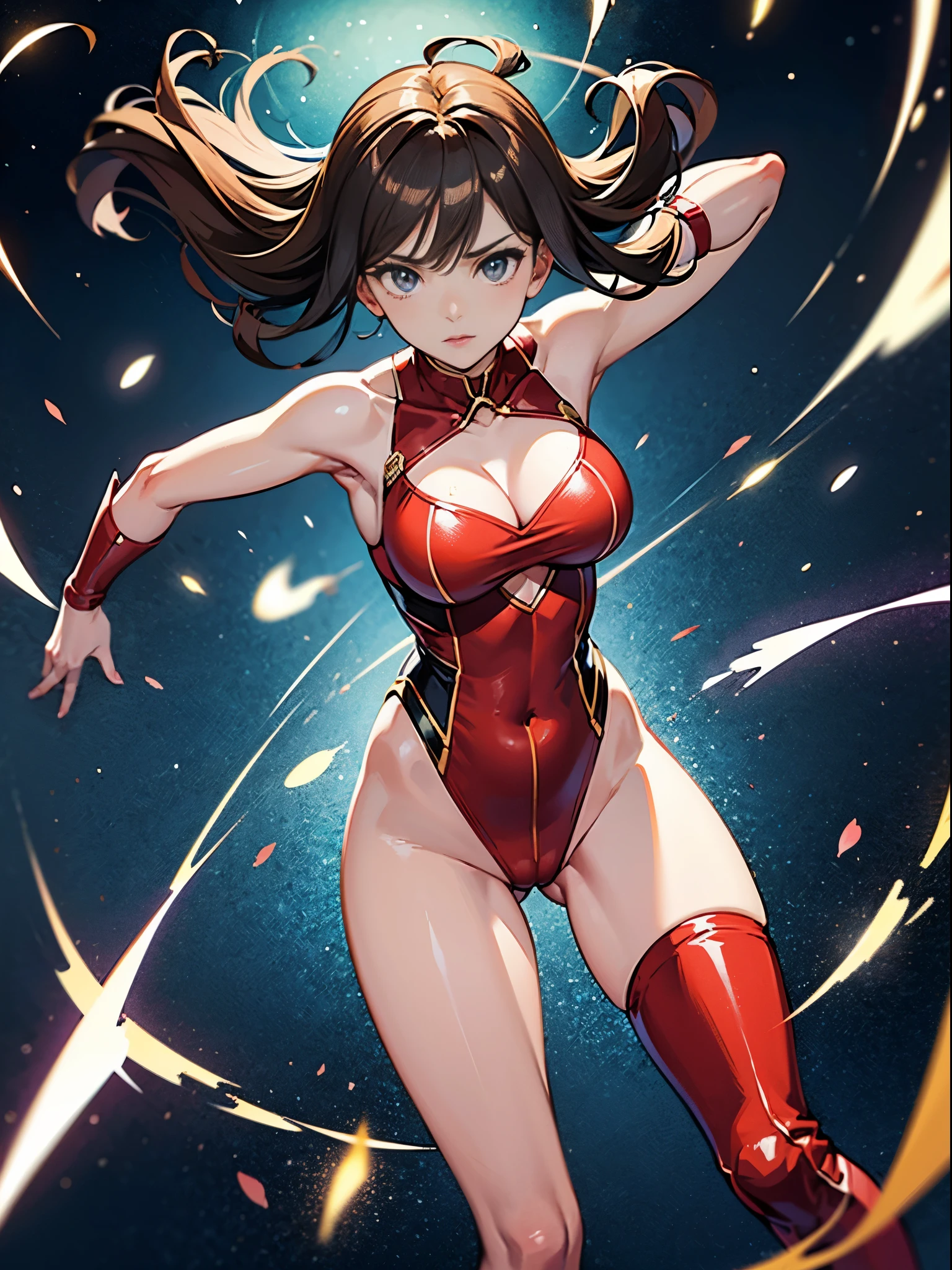 masterpiece, best quality, 1girl, superhero, two-tone leotard, bare legs, knee boots, matching boots, heroic, standing, body infused with energy, light particles, solo, single, cowboy shot, perfect anatomy, brown hair, beautiful detailed eyes, spread arms, spinning, spins fast in place like a tornado, twirling in place, tornado spinning, rapid gyration, space backdrop, motion blur, speed lines