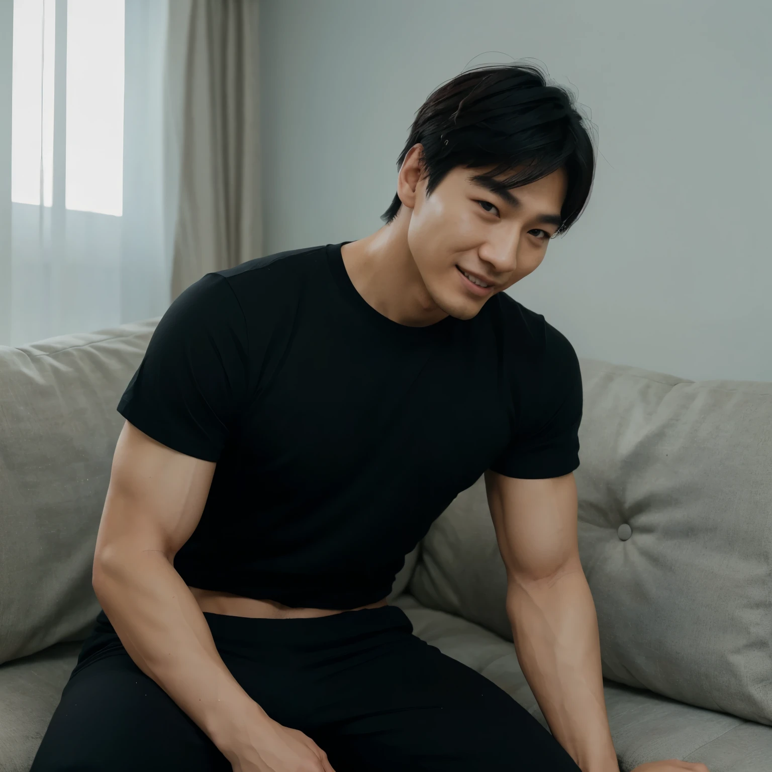 A Korean man. With a masculine and beautiful and good-looking face, medium nose, small lips, angle of the jaw, droopy and black eyes. Black hair that is styled upwards. Muscular and masculine body, tall. Black t-shirt, comfortable home pants.* He is lying on the sofa and laughing ,He is holding a hedgehog doll in his hands *