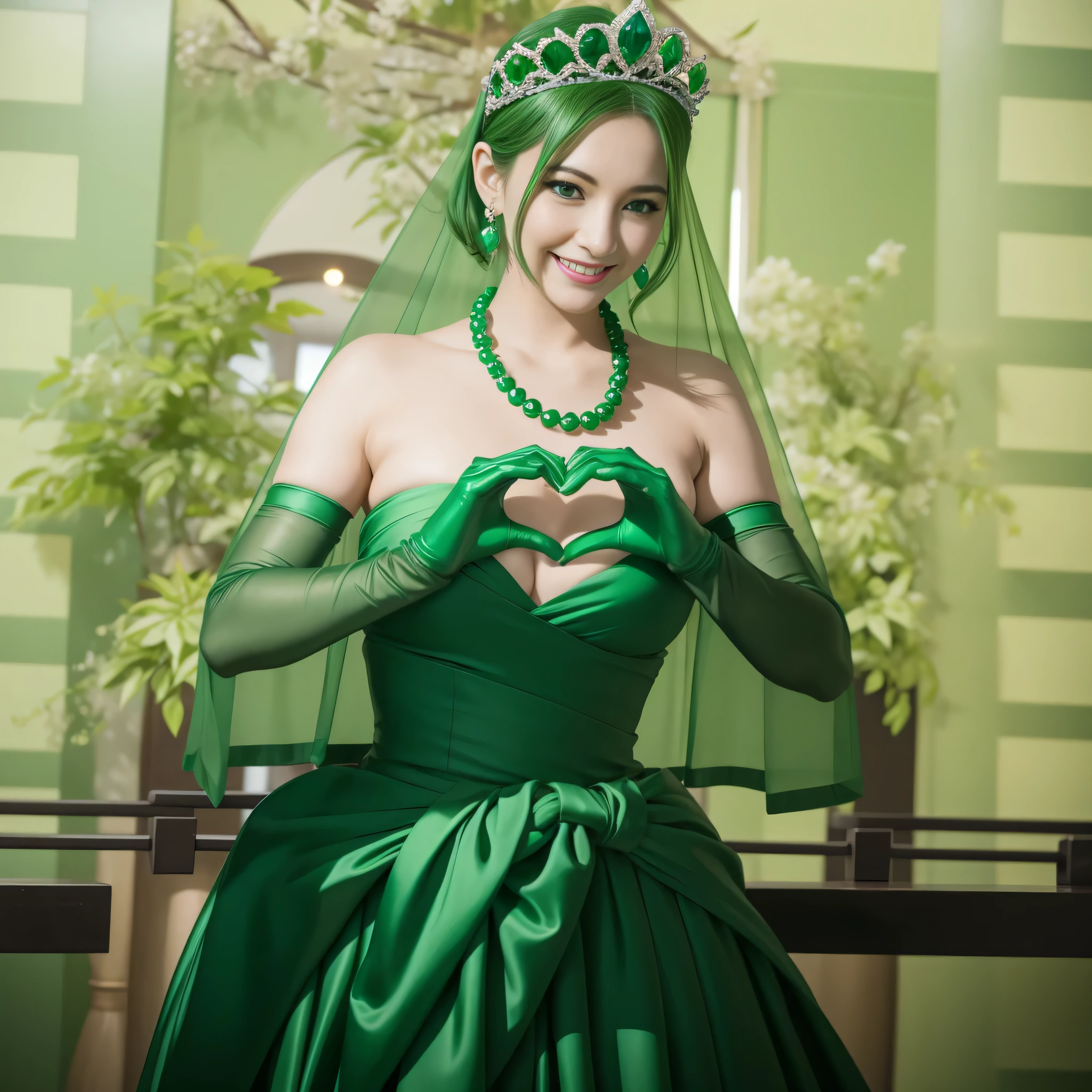 emerald tiara, Green Pearl Necklace, ボーイッシュな非常に短いgreen hair, lipstick, smiling Japanese woman, very short hair, beauty of big breasts, green eyes, green satin long gloves, green eyes, emerald earrings, Green veil, Heart with both hands, green hair, beautiful japanese woman, heart shaped hands:1.3, green lip gloss