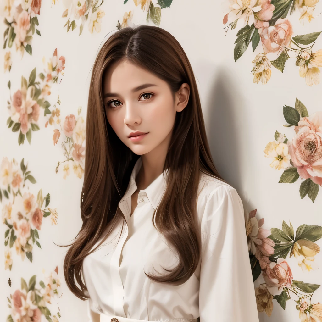 Girl, long soft brown hair, brown eyes, sharp features, white skin, long shirt and skirt style, floral background