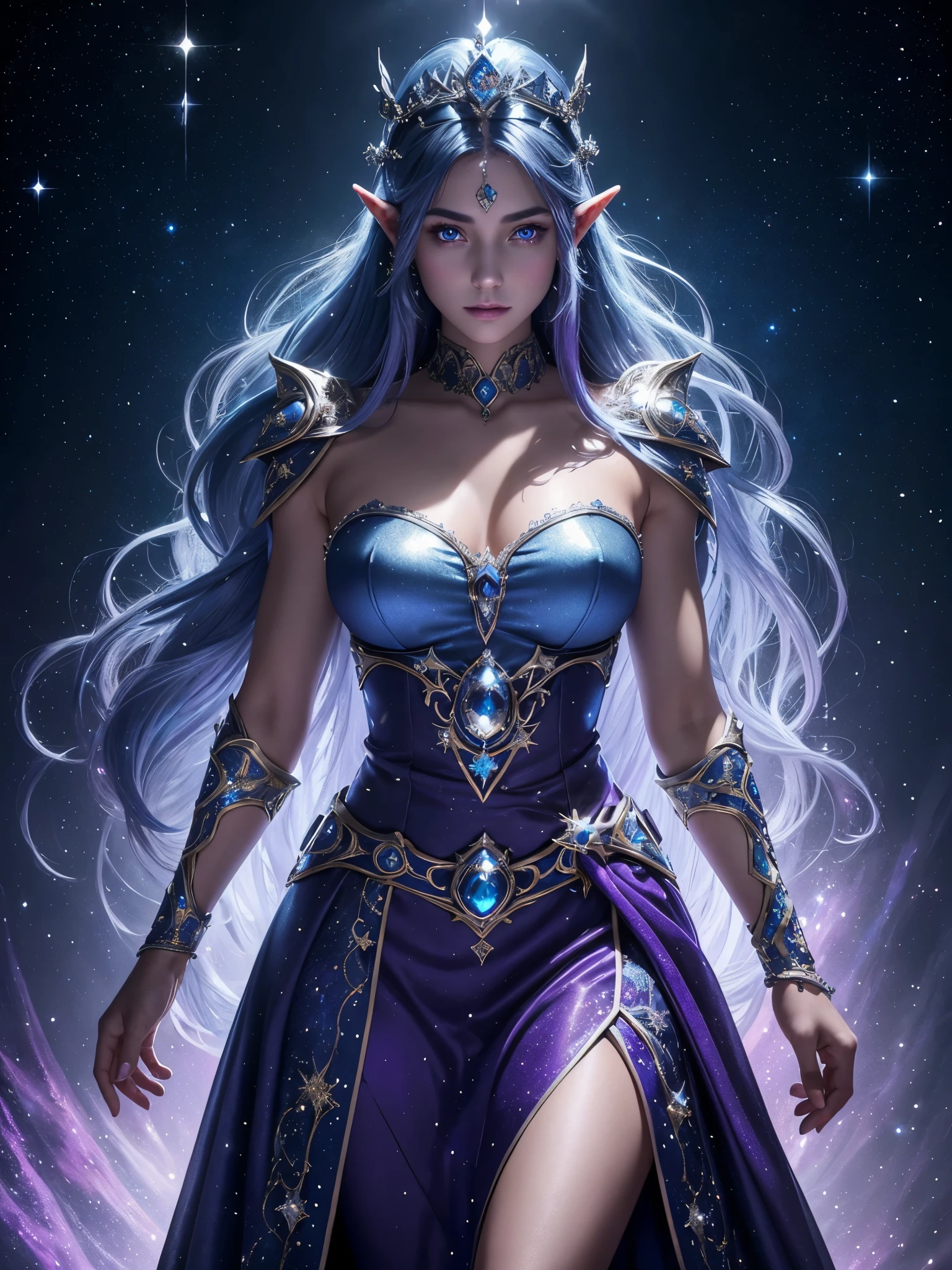 8k portrait of a sumptuous star elf princess, a young woman with a teenage physique, with purple skin with sparkles that look like stars, cyan eyes and dark blue hair with subtle sparkles that look like stars, classic medieval noble royal silver dress with multiple glows, highly detailed (artwork, side lighting, beautiful finely detailed eyes: 1.2)