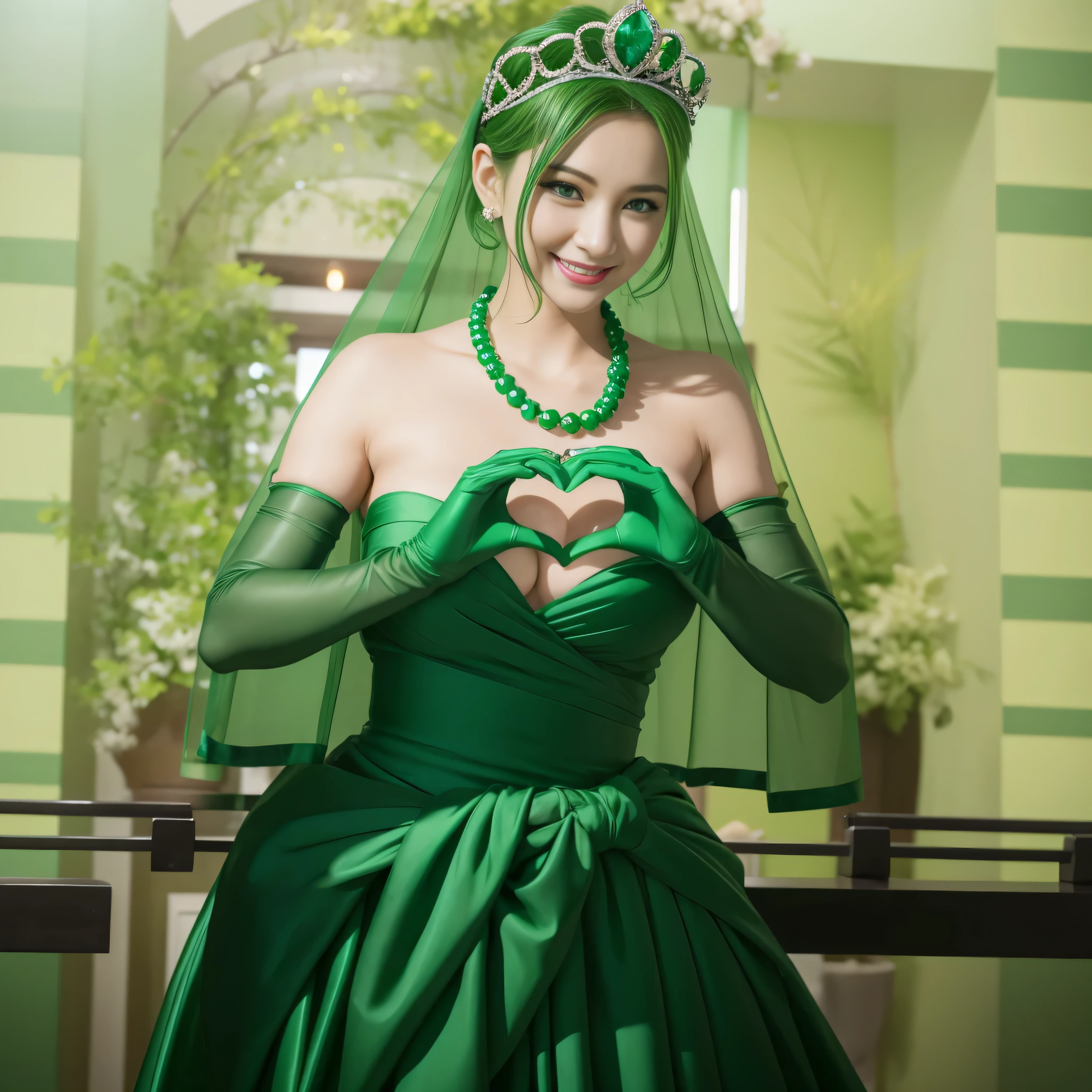 emerald tiara, Green Pearl Necklace, ボーイッシュな非常に短いgreen hair, lipstick, smiling Japanese woman, very short hair,  beauty of big breasts, green eyes, green satin long gloves, green eyes, emerald earrings, Green veil, Heart with both hands, green hair, beautiful japanese woman, heart shaped hands:1.3, green lip gloss