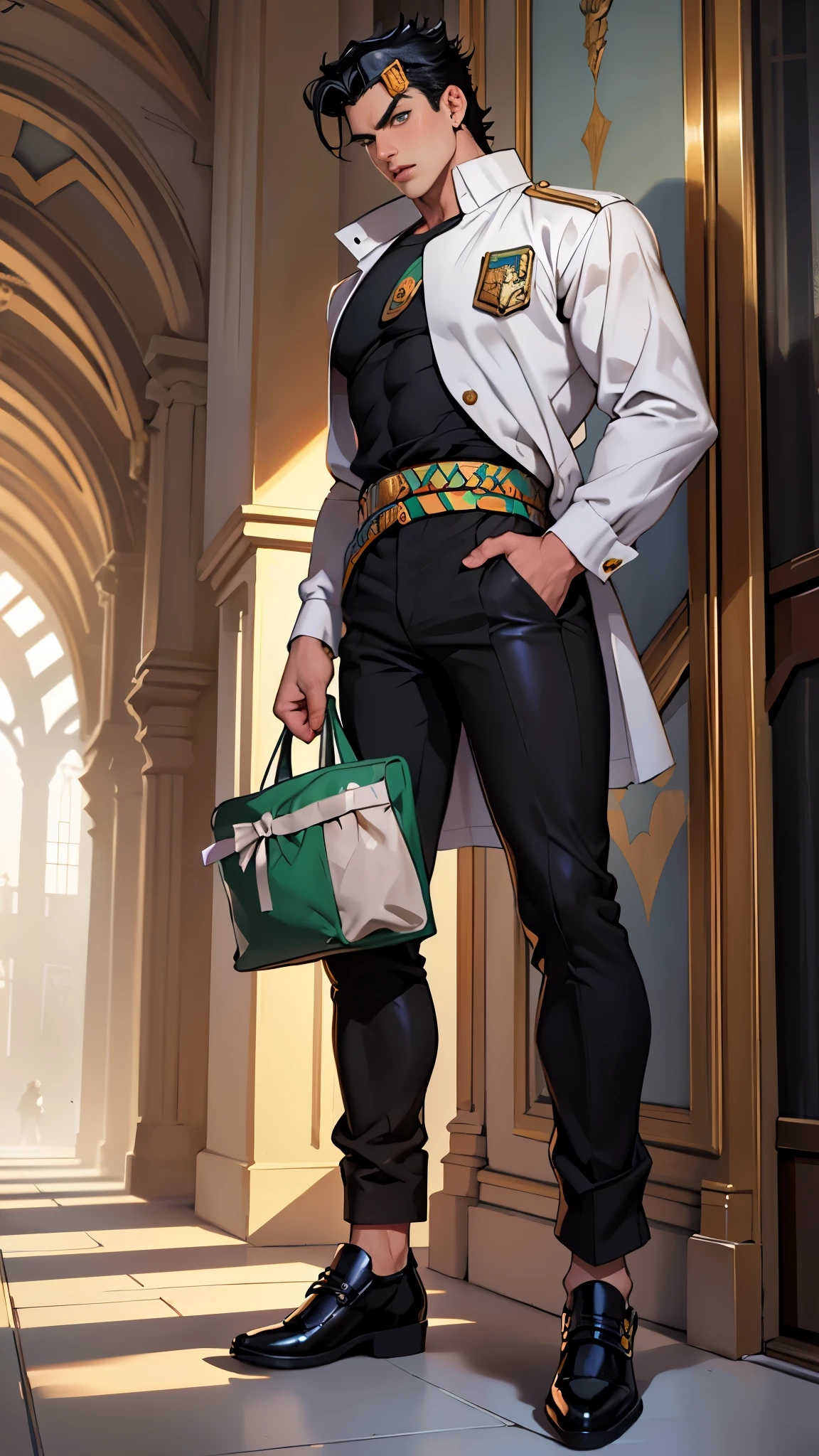 (Masterpiece, high quality, absurd work of art, Best quality, A high resolution, ultra detailed), detailed face, 1 man, Jotaro Kujo, Black hair, tial eyes, male body, male focus, white blouse, black pants, shoes, Luxurious hall, Castle, military ball, full body, kujo jotaro,