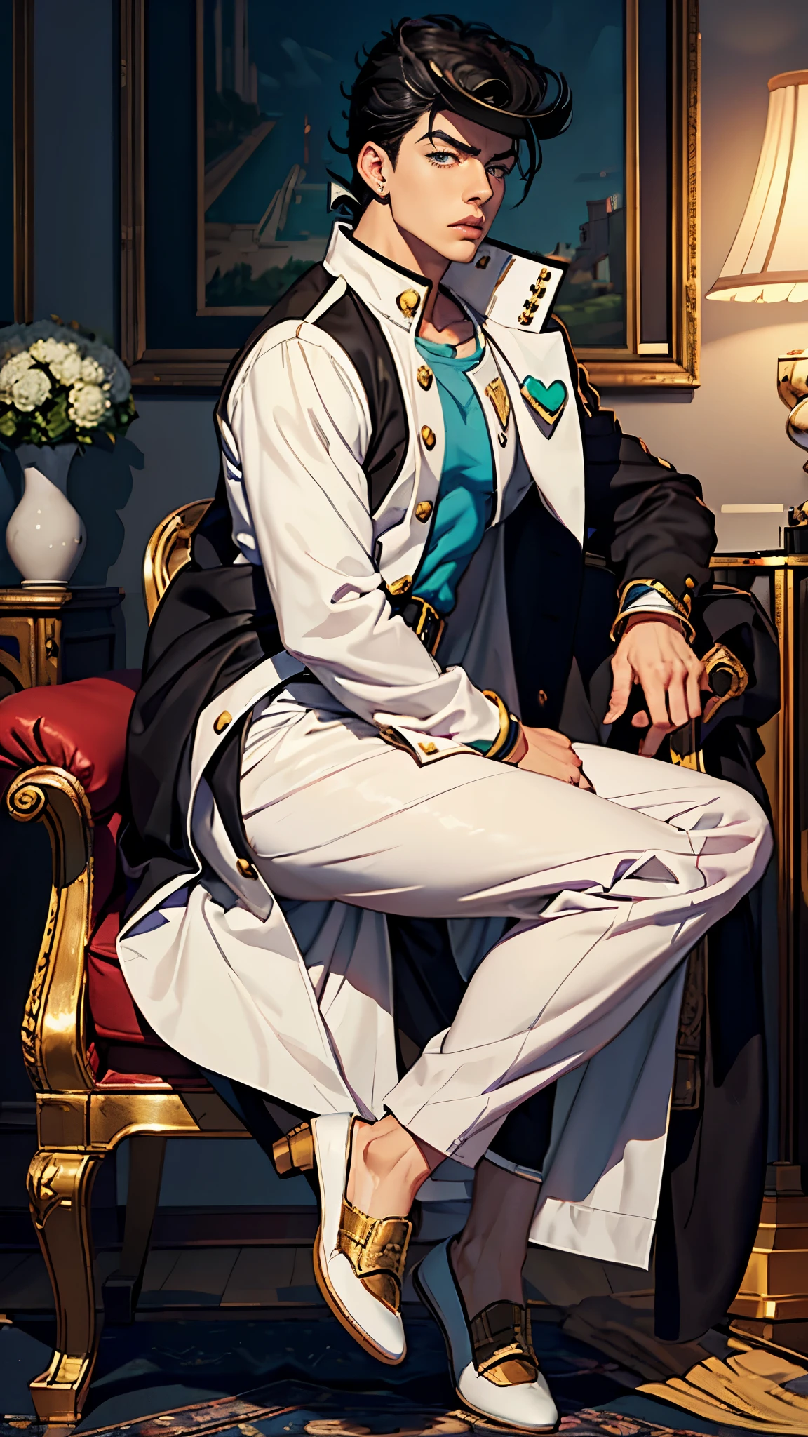 (Masterpiece, high quality, absurd work of art, Best quality, A high resolution, ultra detailed), detailed face, 2 man, Jotaro Kujo, josuke higashikata, Black hair, tial eyes, male body, male focus, white blouse, black pants, shoes, Luxurious hall, Castle, military ball, full body ,2boy,lac34rmor,1guy,kujo jotaro, higashikata josuke 