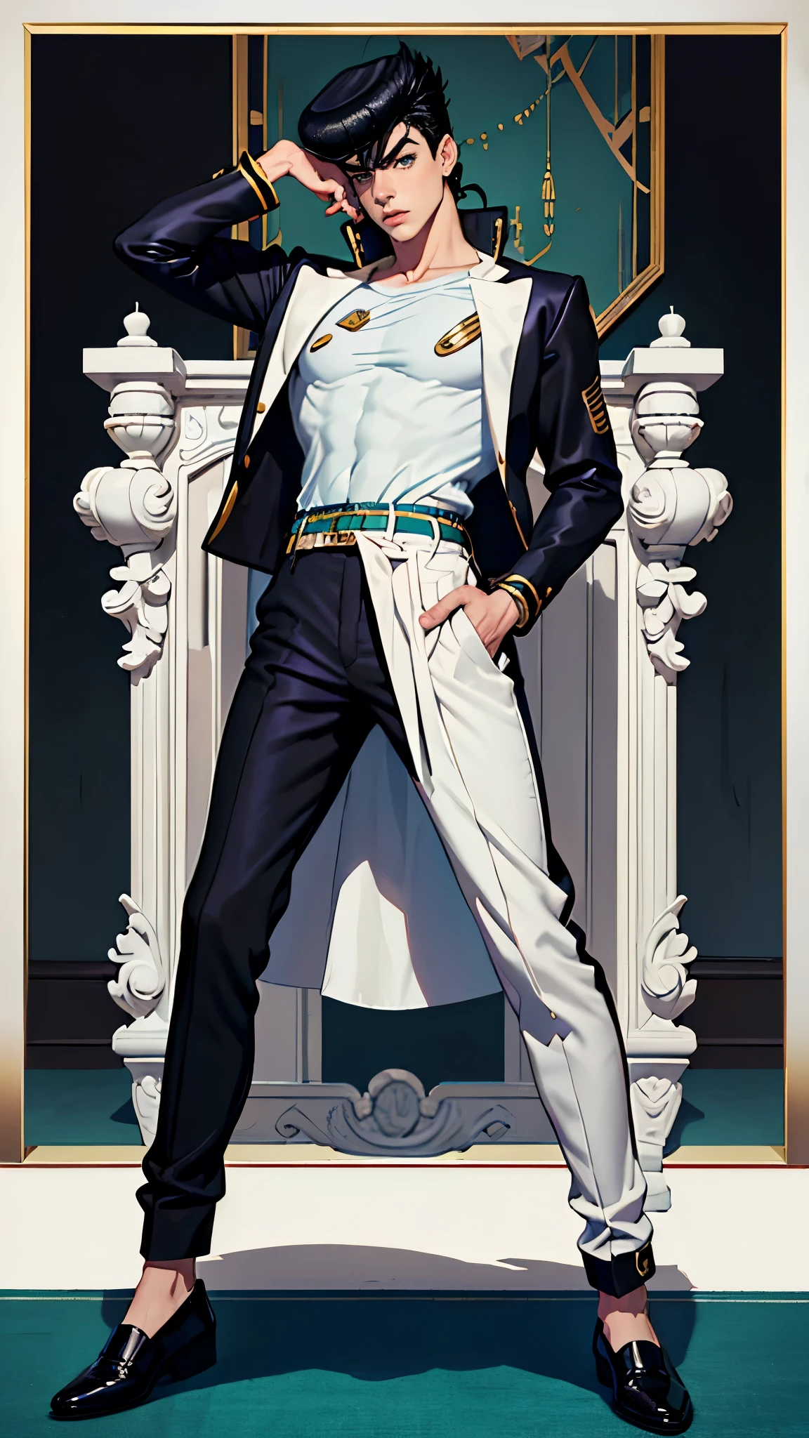 (Masterpiece, high quality, absurd work of art, Best quality, A high resolution, ultra detailed), detailed face, 2 man, Jotaro Kujo, josuke higashikata, Black hair, tial eyes, male body, male focus, white blouse, black pants, shoes, Luxurious hall, Castle, military ball, full body ,2boy,lac34rmor,1guy,kujo jotaro, higashikata josuke 