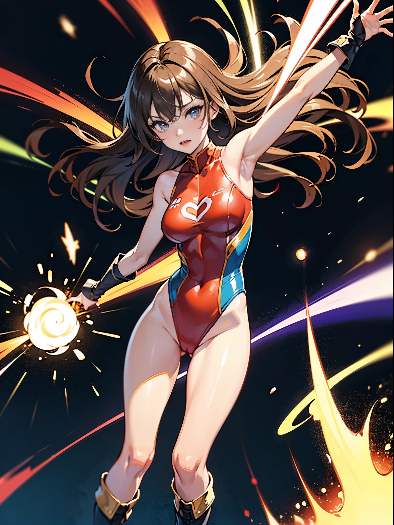 masterpiece, best quality, 1girl, superhero, two-tone leotard, bare legs, knee boots, matching boots, heroic, standing, body infused with energy, light particles, solo, single, cowboy shot, perfect anatomy, brown hair, beautiful detailed eyes, spread arms, spinning, spins fast in place like a tornado, twirling in place, tornado spinning, rapid gyration, space backdrop, motion blur, speed lines