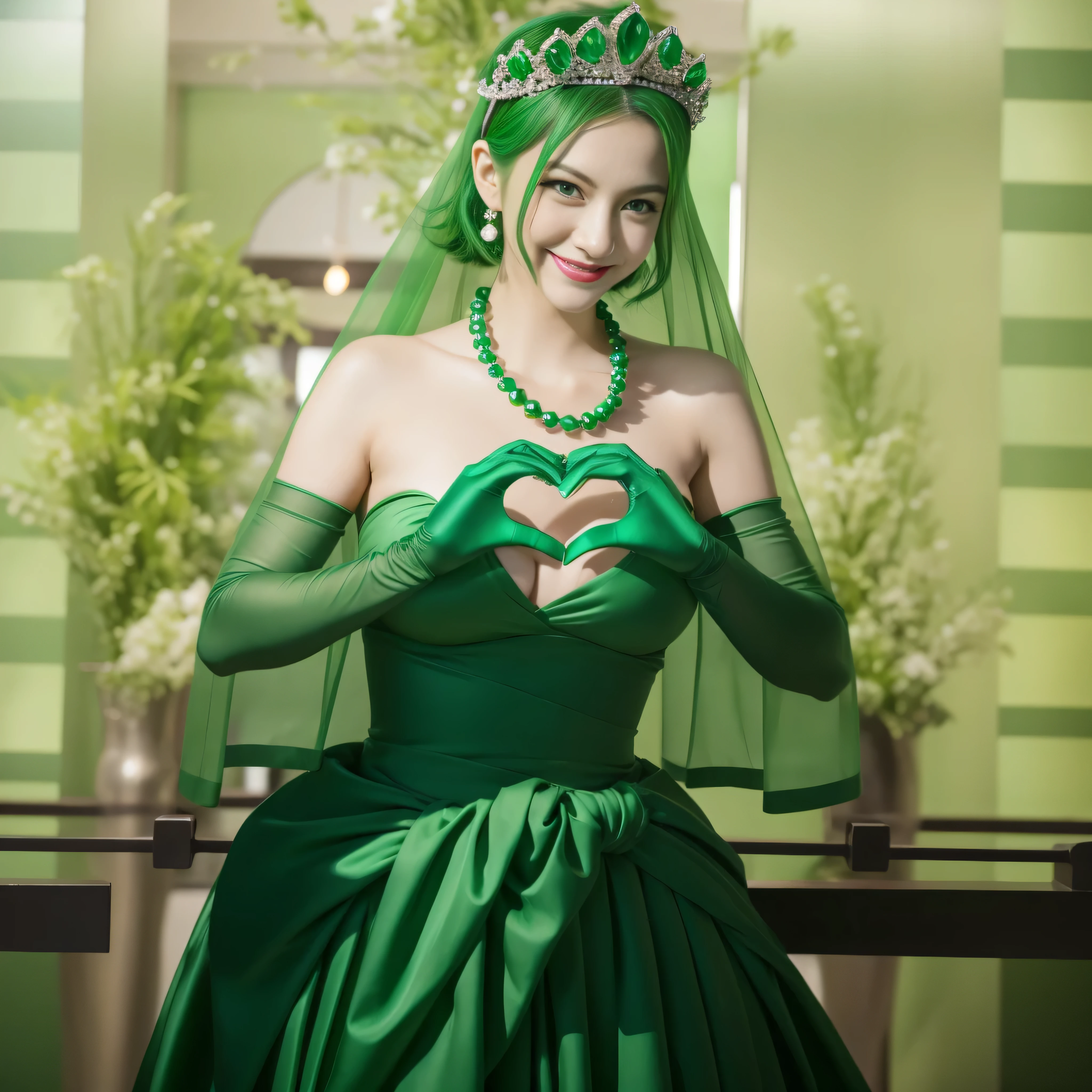 emerald tiara, Green Pearl Necklace, ボーイッシュな非常に短いgreen hair, lipstick, smiling Japanese woman, very short hair,  beauty of big breasts, green eyes, green satin long gloves, green eyes, emerald earrings, Green veil, Heart with both hands, green hair, beautiful japanese woman, heart shaped hands:1.3, green lip gloss