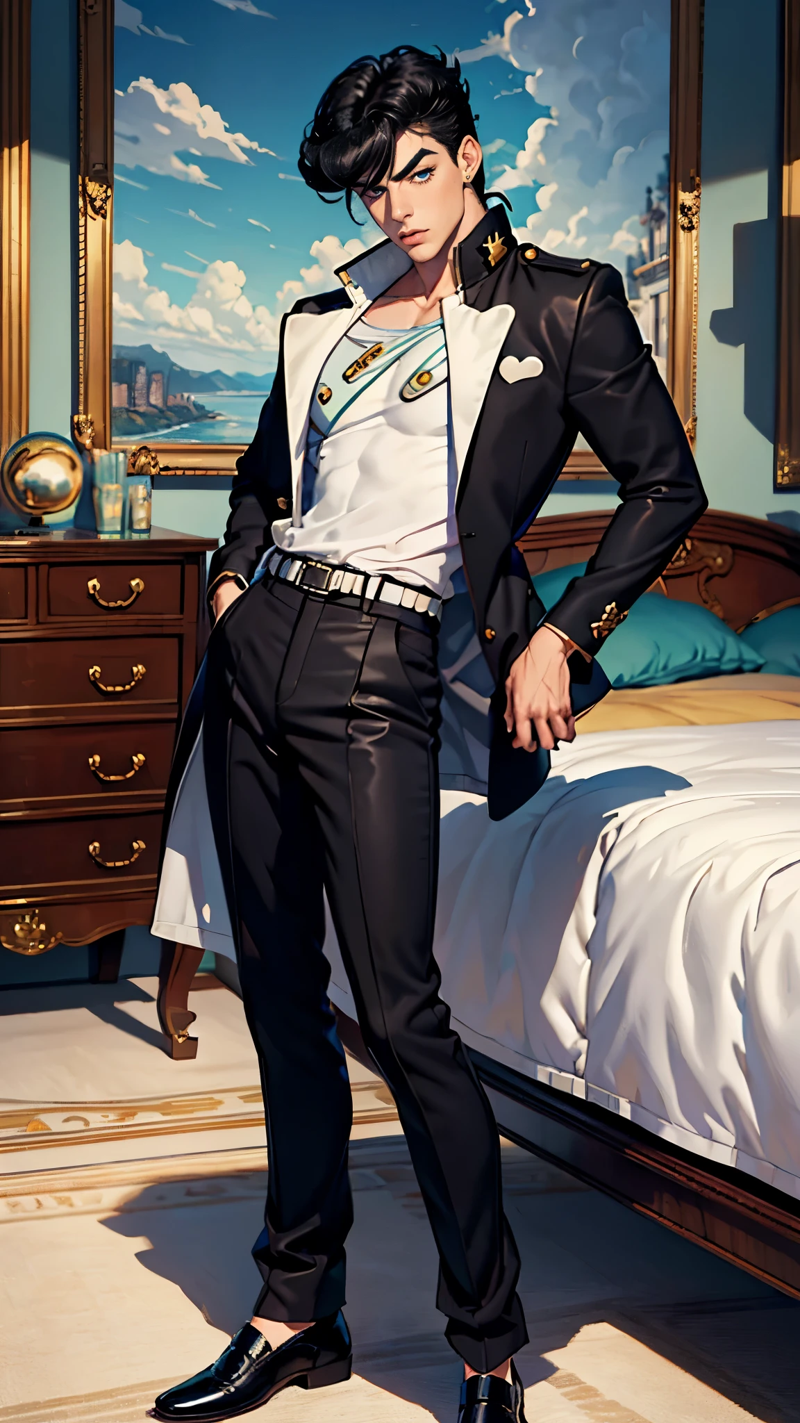 (Masterpiece, high quality, absurd work of art, Best quality, A high resolution, ultra detailed), detailed face, 2 man, Jotaro Kujo, josuke higashikata, Black hair, tial eyes, male body, male focus, white blouse, black pants, shoes, Luxurious hall, Castle, military ball, full body ,2boy,lac34rmor,1guy,kujo jotaro, higashikata josuke 