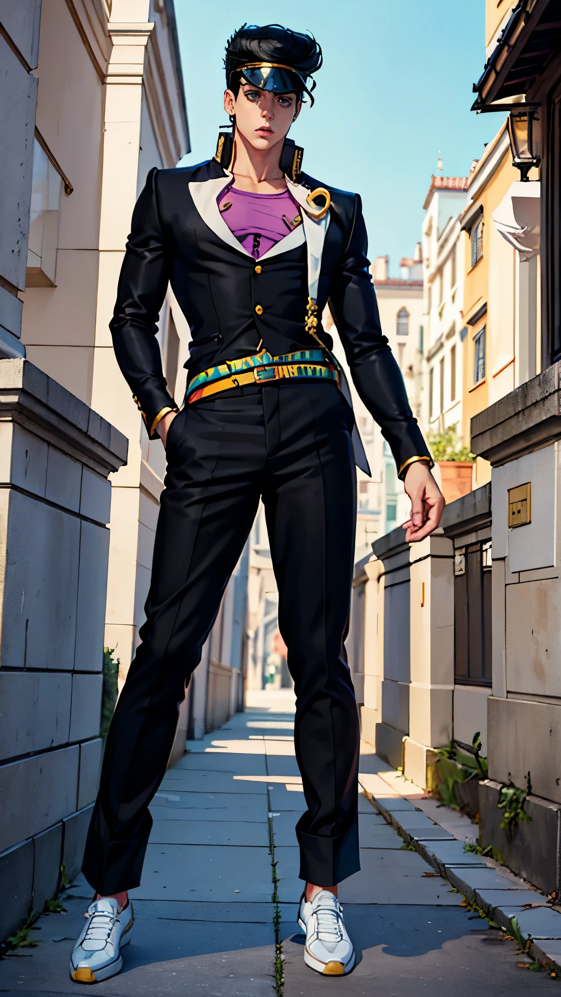 (Masterpiece, high quality, absurd work of art, Best quality, A high resolution, ultra detailed), detailed face, 2 man, Jotaro Kujo, josuke higashikata, Black hair, tial eyes, male body, male focus, white blouse, black pants, shoes, Luxurious hall, Castle, military ball, full body ,2boy,lac34rmor,1guy,kujo jotaro, higashikata josuke 