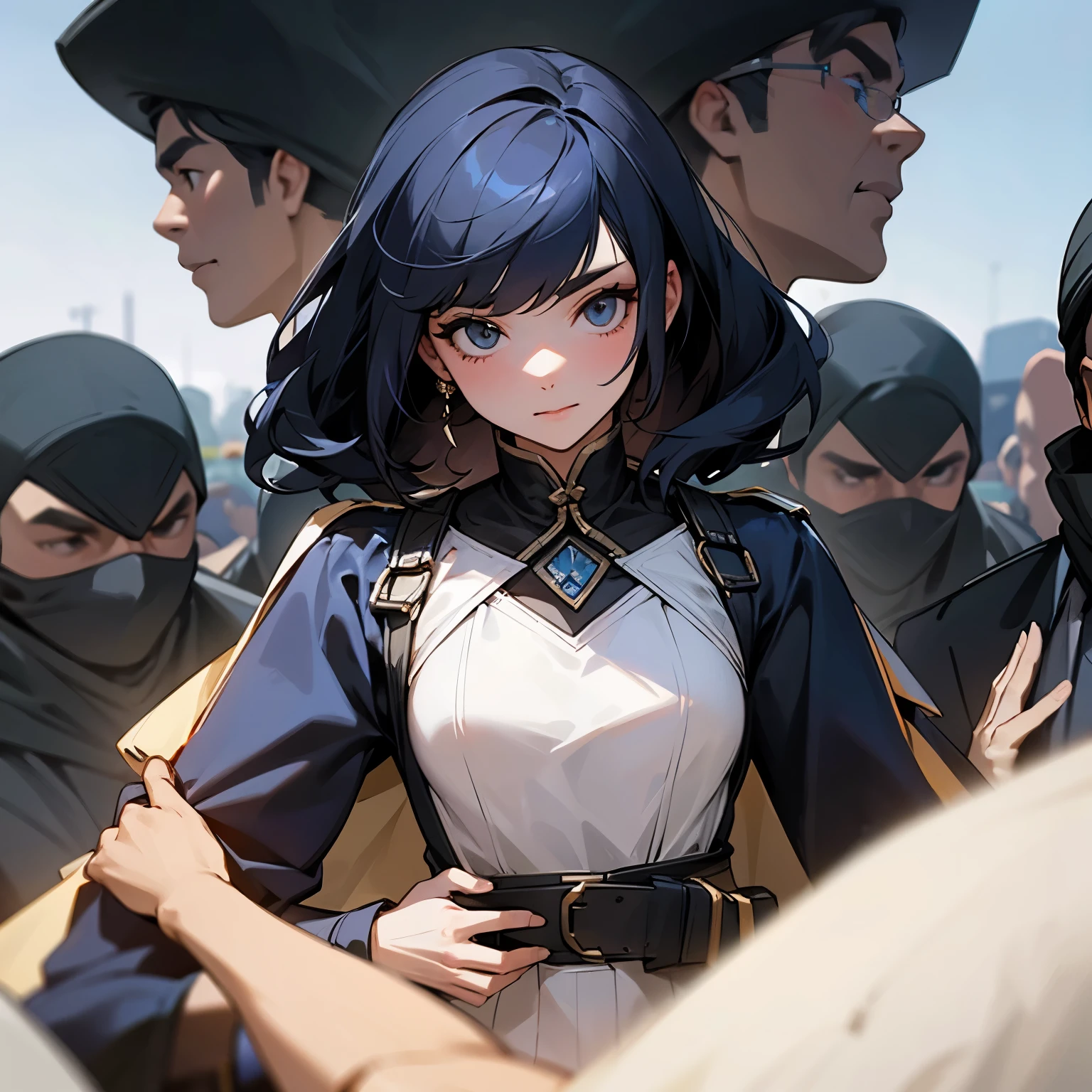 The only woman in a group of men