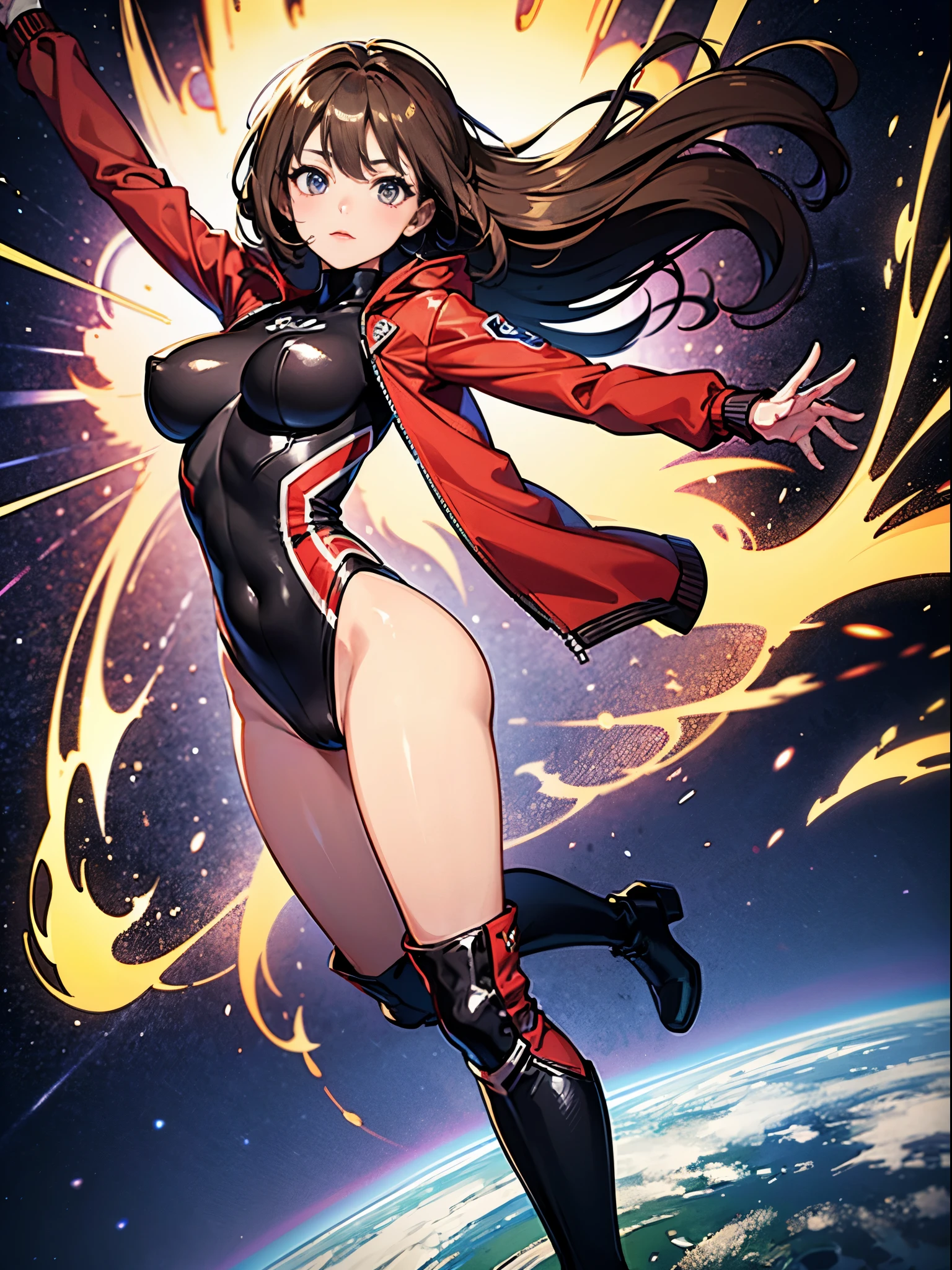 masterpiece, best quality, 1girl, superhero, two-tone leotard, bare legs, knee boots, matching boots, heroic, standing, body infused with energy, light particles, solo, single, cowboy shot, perfect anatomy, brown hair, beautiful detailed eyes, spread arms, spinning, spins fast in place like a tornado, twirling in place, tornado spinning, rapid gyration, space backdrop, motion blur, speed lines, tornado