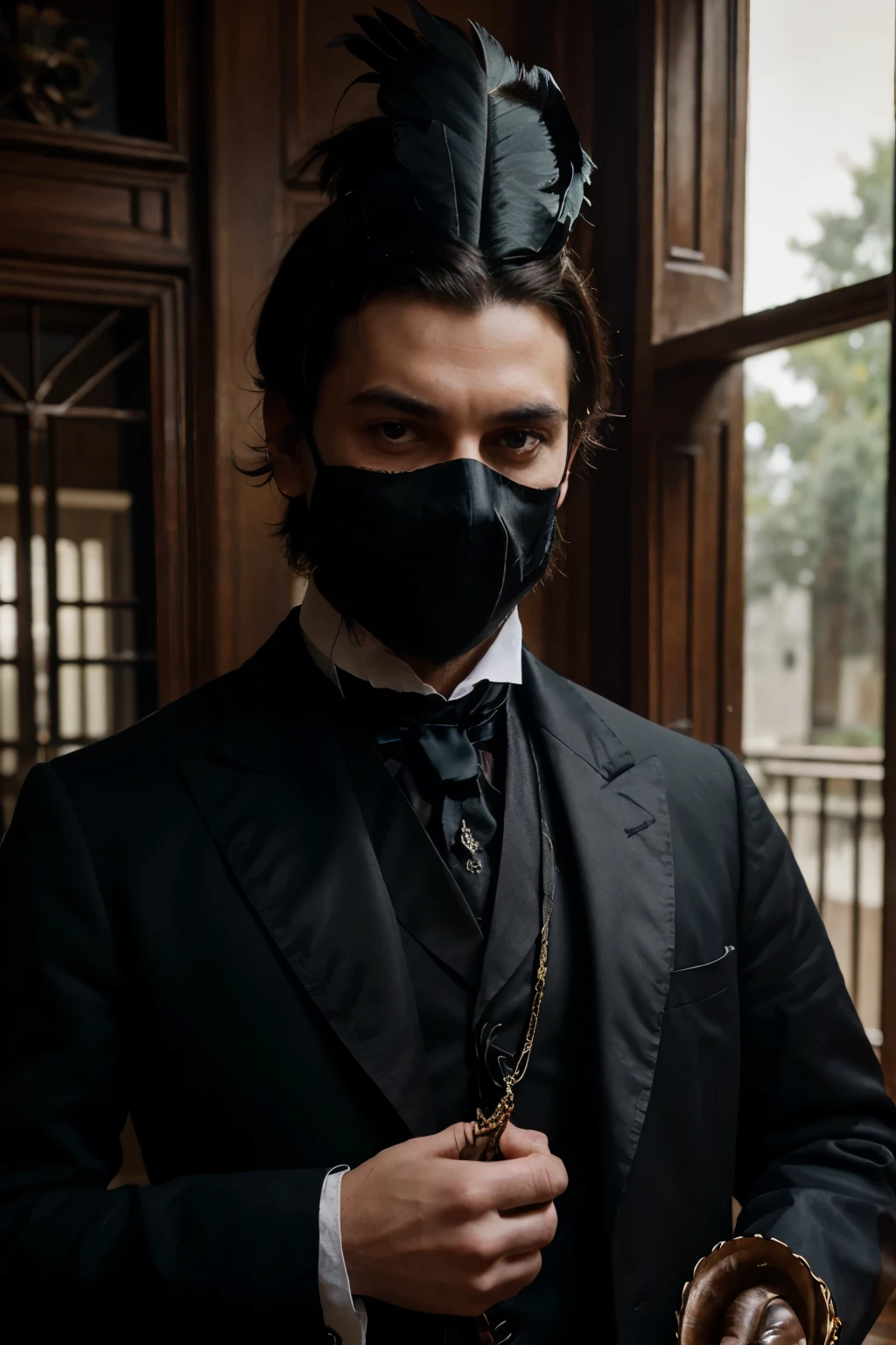 Describe in detail a man elegantly dressed in Victorian attire, with a mask that looks like a serpent. The mask is a bizarre mix of iridescent feathers, flesh, and exposed bone, giving it an appearance that is both exotic and macabre. The man himself appears to be in his natural environment, as if the mask were an extension of his own nature. The surrounding setting is typically Victorian, with period architectural details and furniture, but with a dark and mysterious atmosphere that matches the enigmatic nature of the character