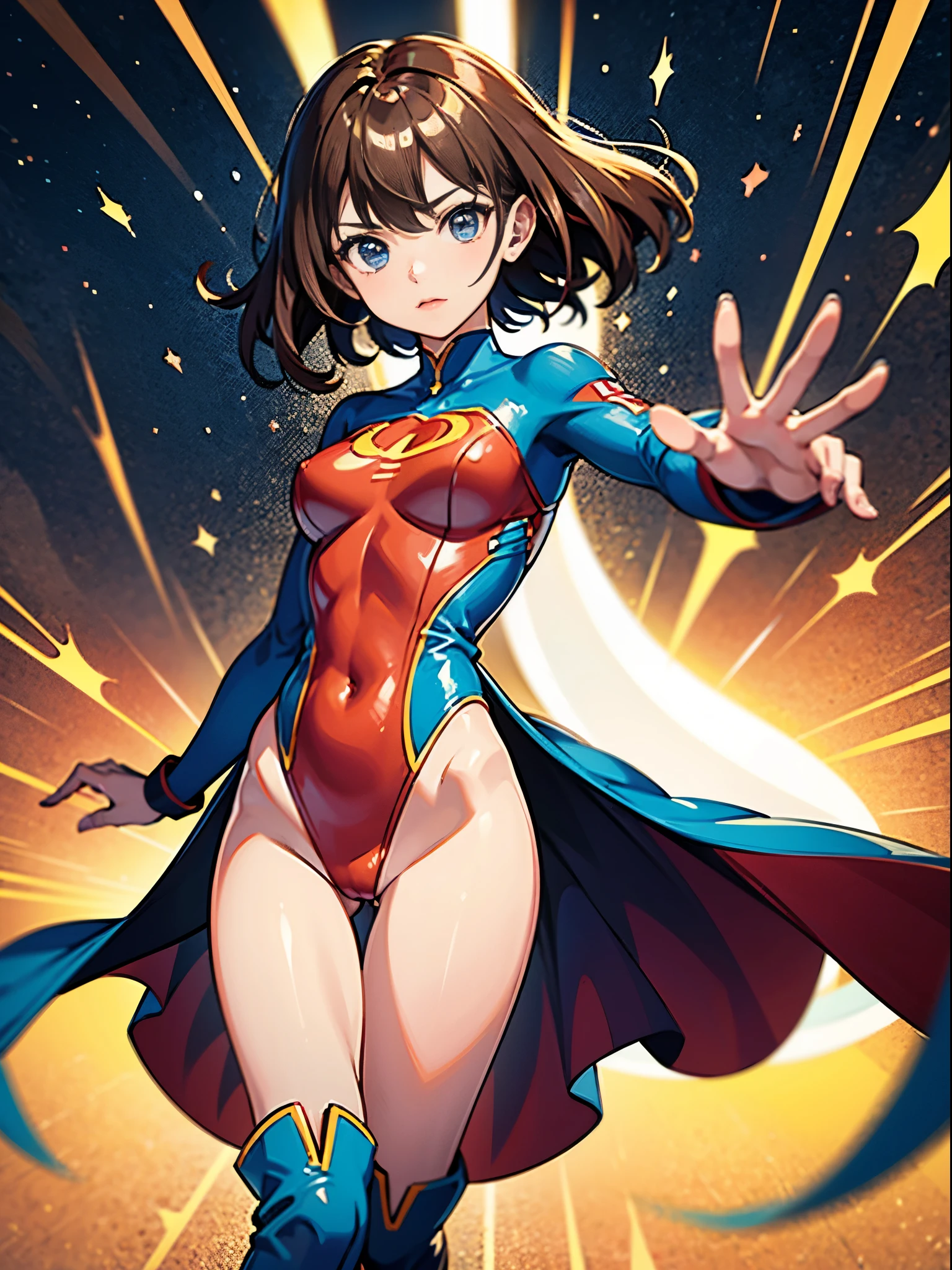 masterpiece, best quality, 1girl, superhero, two-tone leotard, bare legs, knee boots, matching boots, heroic, standing, body infused with energy, light particles, solo, single, cowboy shot, perfect anatomy, brown hair, beautiful detailed eyes, spread arms, spinning, spins fast in place like a tornado, twirling in place, tornado spinning, rapid gyration, space backdrop, motion blur, speed lines, tornado