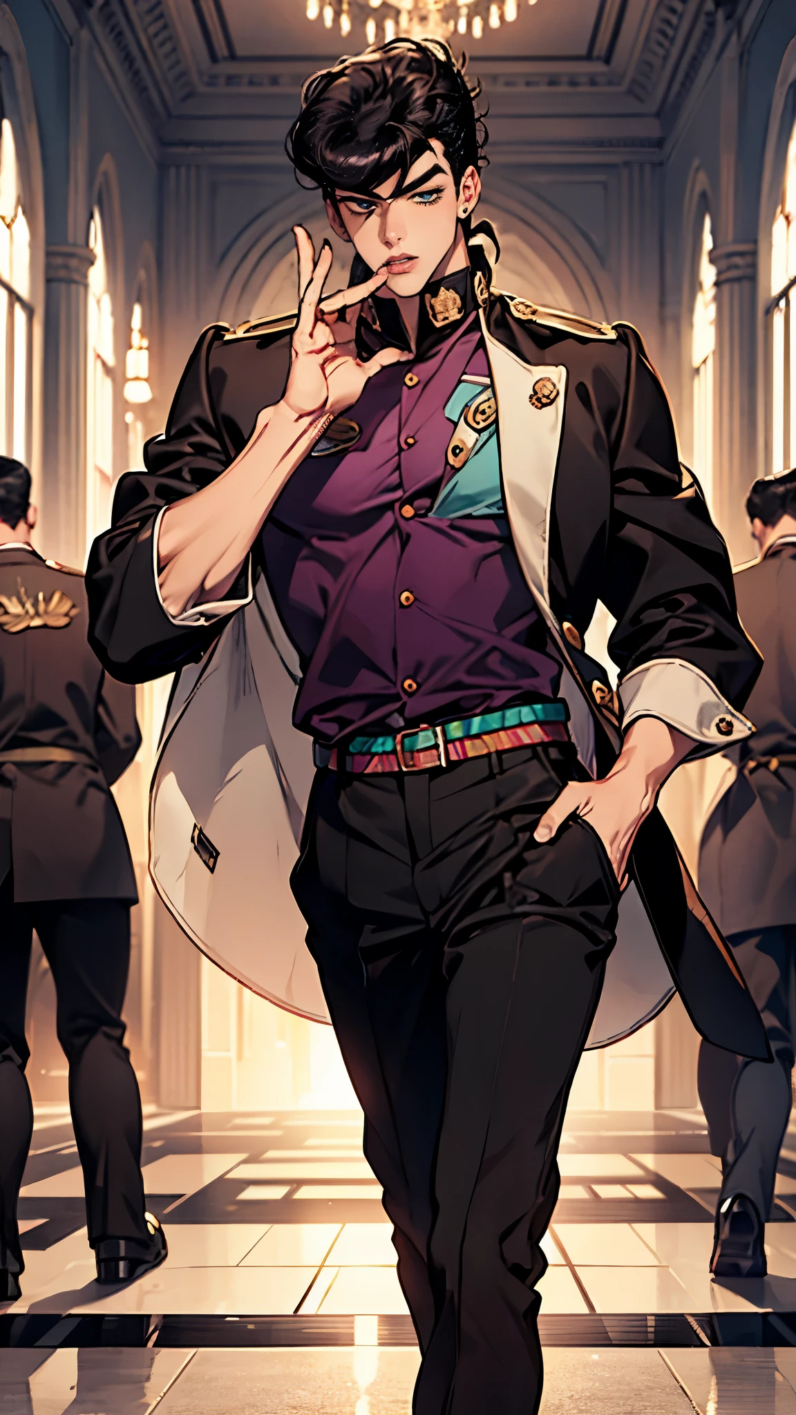 (Masterpiece, high quality, absurd work of art, Best quality, A high resolution, ultra detailed), detailed face, 2 man, Jotaro Kujo and Josuke Higashikata, Black hair, tial eyes, male body, male focus, white blouse, black pants, shoes, Luxurious hall, Castle, military ball, full body, kujo jotaro, higashikata josuke 