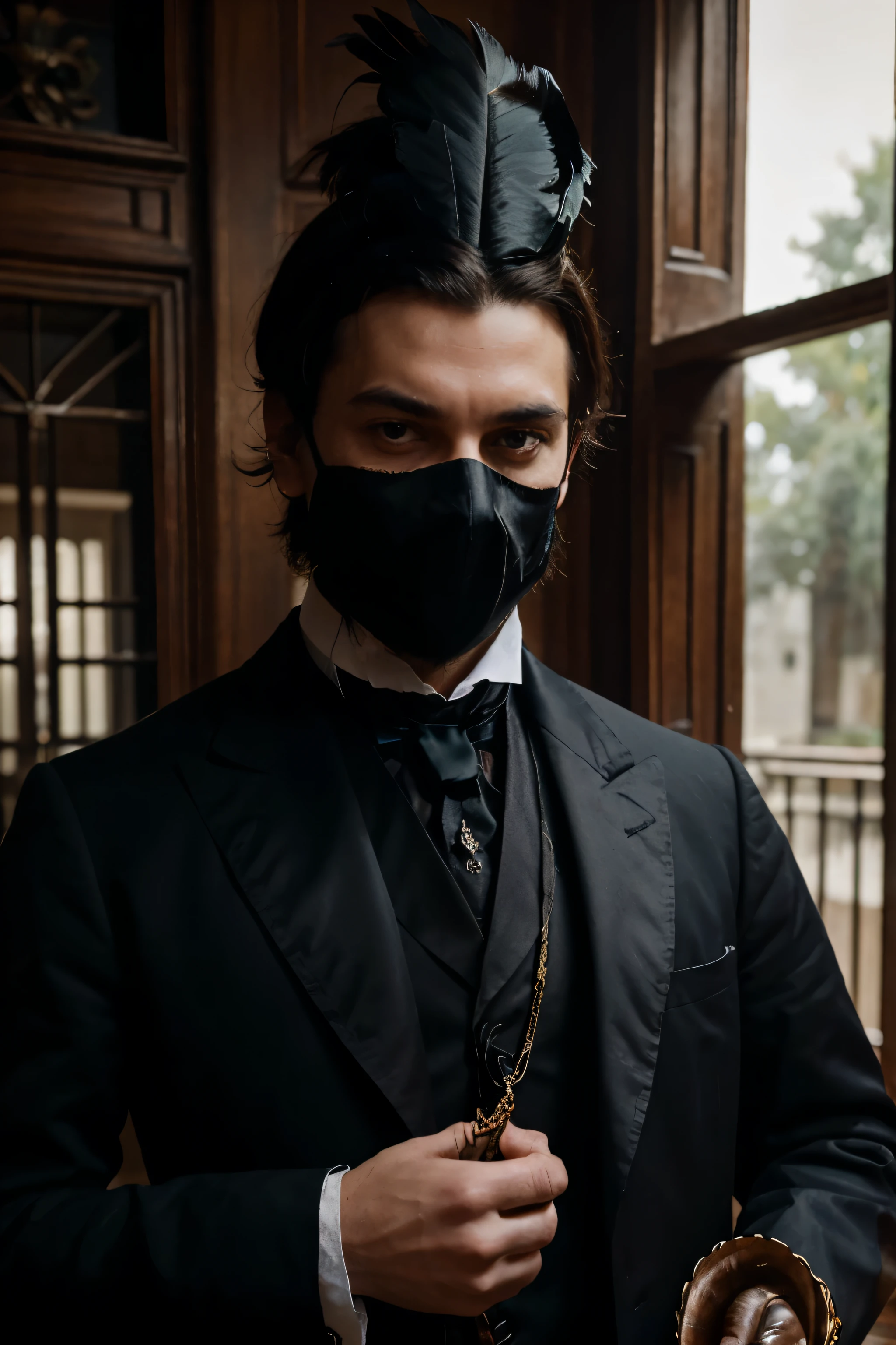 Descreva em detalhes um homem elegantemente vestido com trajes vitorianos, with a mask that looks like a snake. The mask is a bizarre mix of iridescent feathers, Carne, e osso exposto, giving it an exotic and macabre appearance. The man himself appears to be in his natural environment, as if the mask were an extension of his own nature. The surrounding scenery is typically Victorian, with architectural details and period furniture, but with a dark and mysterious atmosphere that matches the enigmatic nature of the character