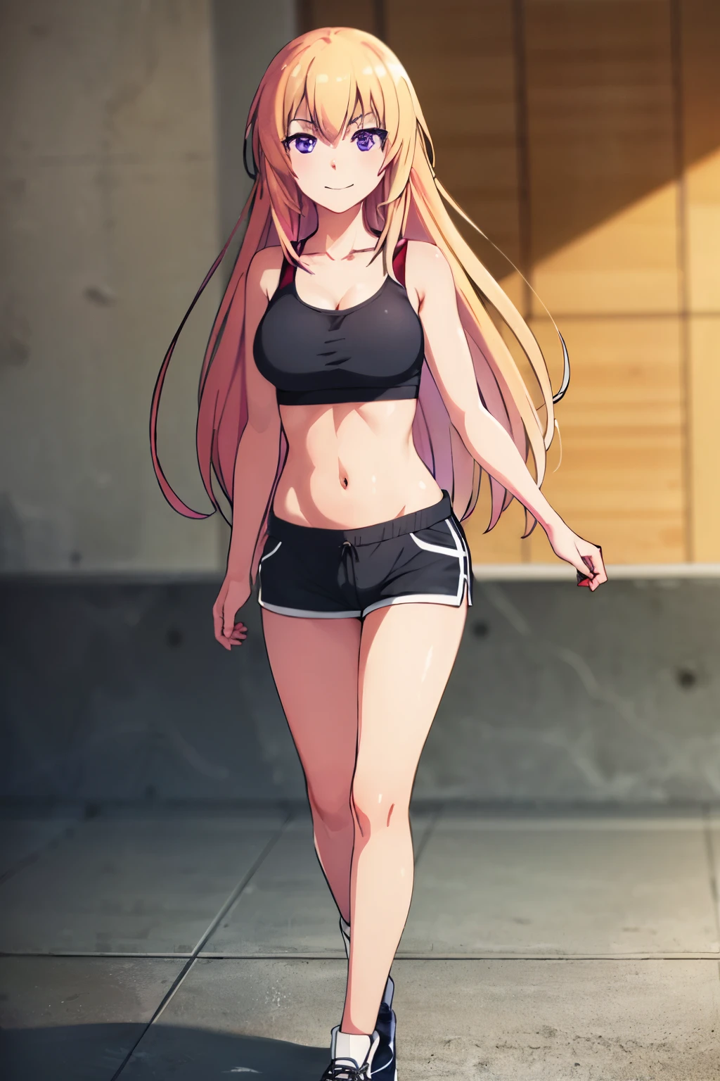 honami ichinose, long hair, blonde hair, (purple eyes:1.1), hair between eyes, full body, red sports bra, smirk, short shorts, love filter