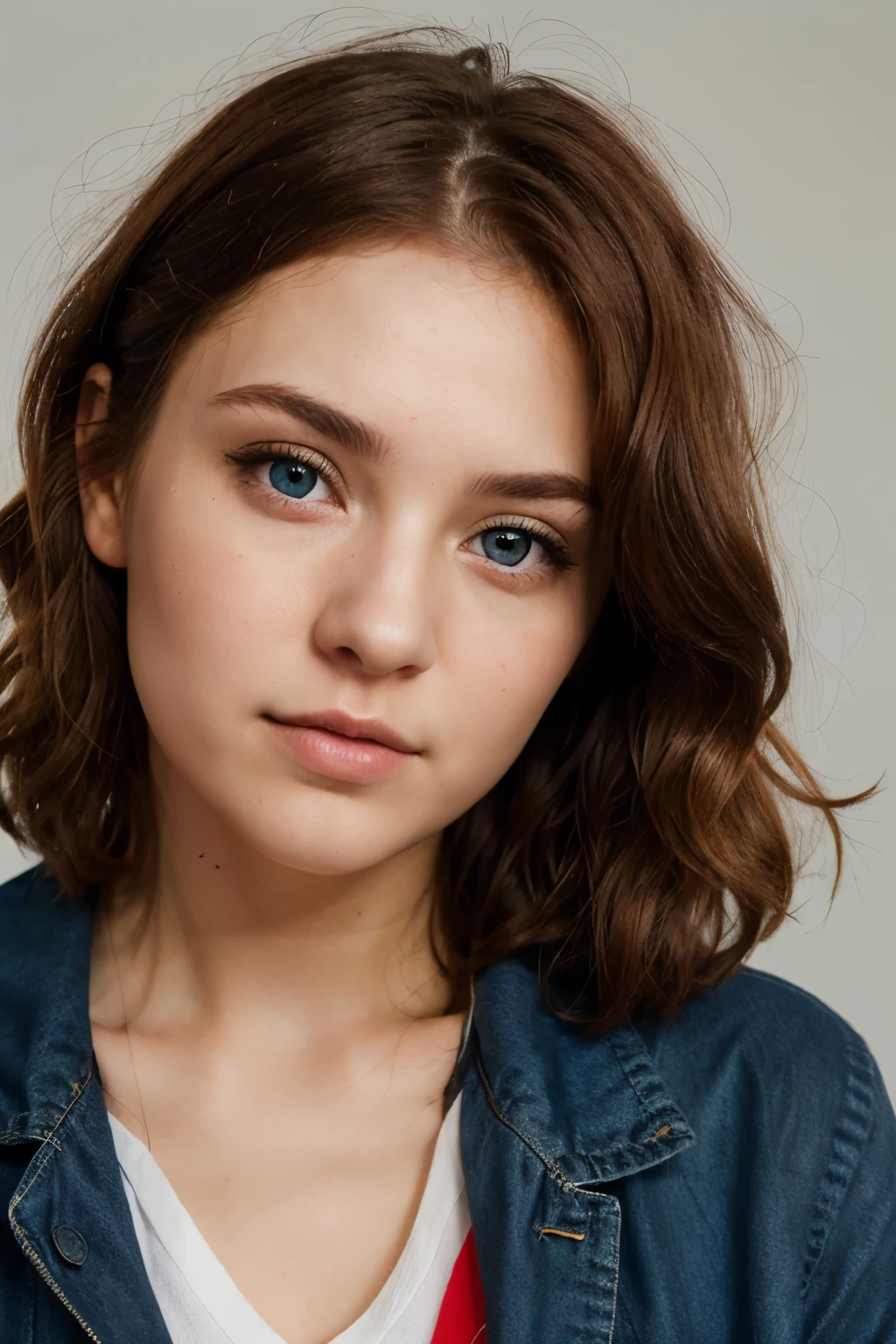 photography of a 25 year old woman, innocent face, red curly hair, blue eyes, perfect face, red jacket