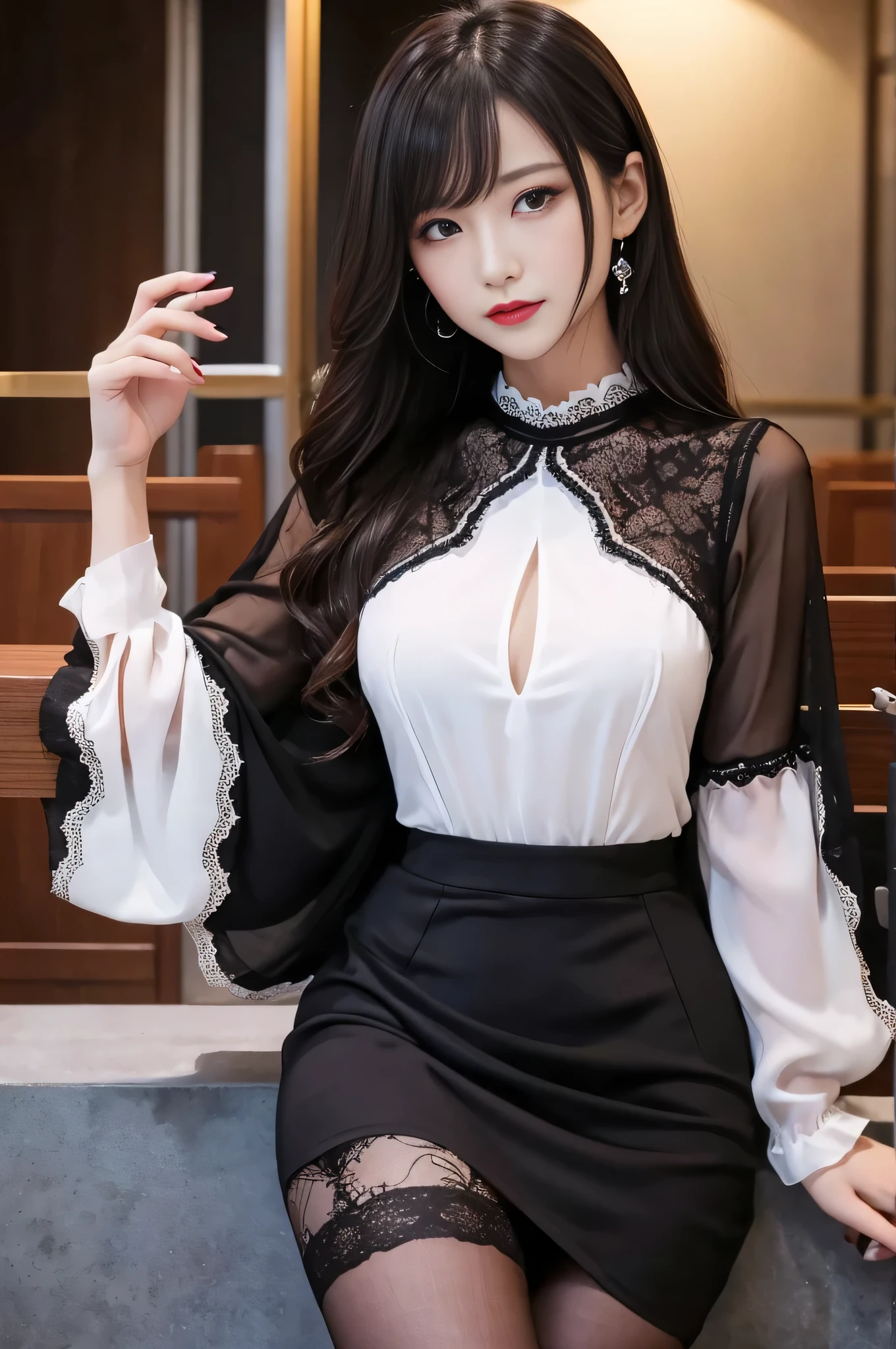 Super detailed、Japanese、charming beauty、seductive adult woman、Beautiful woman、sharp eyes、cool girl、wavy hair、suit、Black chiffon、lace fabric、wide sleeve、wearing a lace insert dress、white blouse、Tight Skirt、flesh colored pantyhose、Lustrous legs、evilの幹部、evil depravity、brainwashing、Mind control、lipstick、grin、evilな表情、evil、empty eyes、evil、church at night、reach out your hand