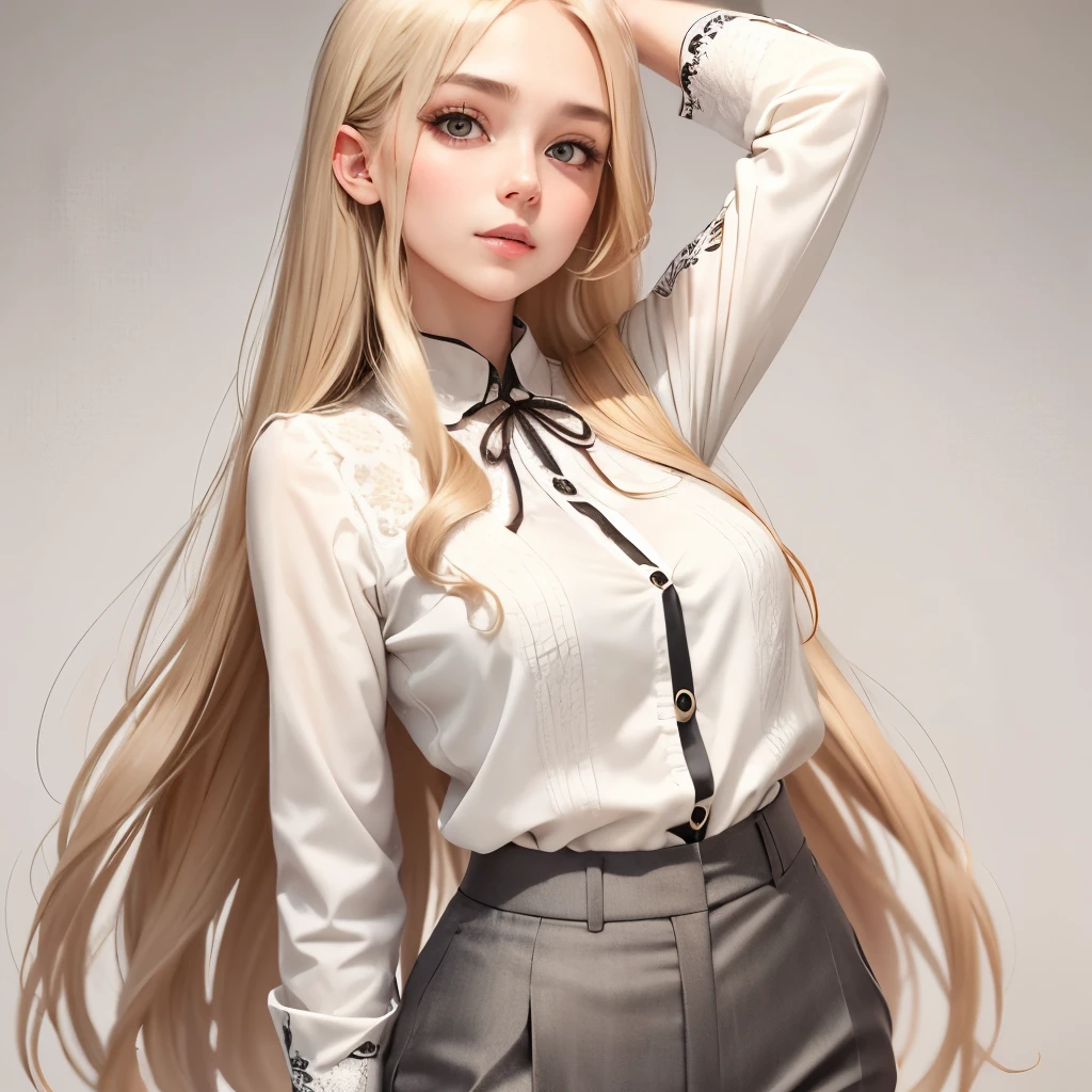 Girl, long soft brown-blonde hair, gray eyes, sharp features, white skin, blouse and pants style, patterned background.