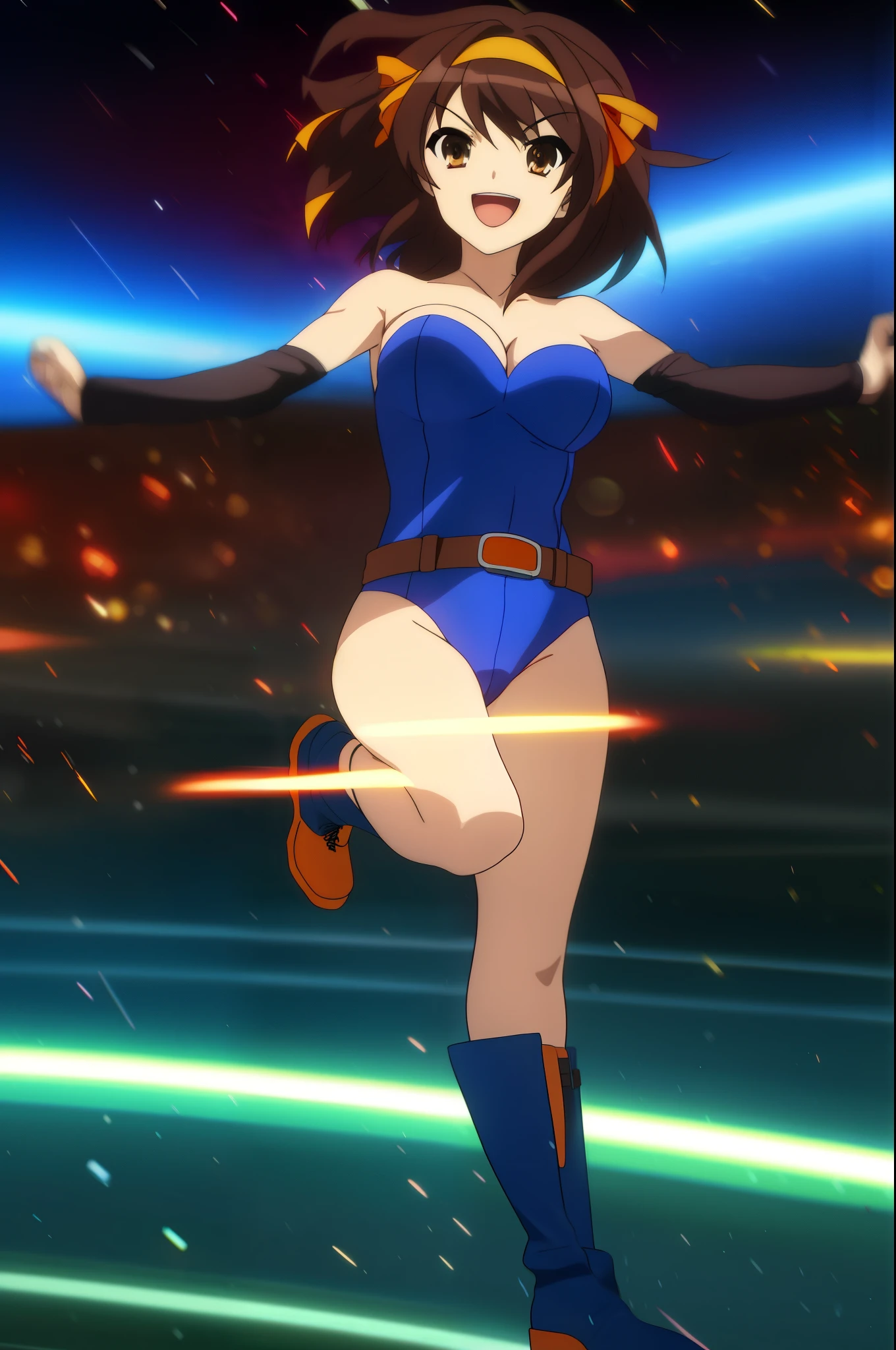 1girl, medium breasts, leotard, blue and red leotard, tight belt, bare legs, boots, matching boots, bracelets, city backdrop, solo, single, full body shot, cowboy shot, beautiful detailed eyes, haruhi, looking_at_viewer, smile, short_hair, open_mouth, bangs, brown_hair, ribbon, cleavage, brown_eyes, hair_ribbon, :d, hairband, medium_hair, v-shaped_eyebrows, orange_hairband, spread arms, spinning, spins fast in place like a tornado, twirling in place, tornado spinning, rapid gyration, space backdrop, motion blur, speed lines, tornado